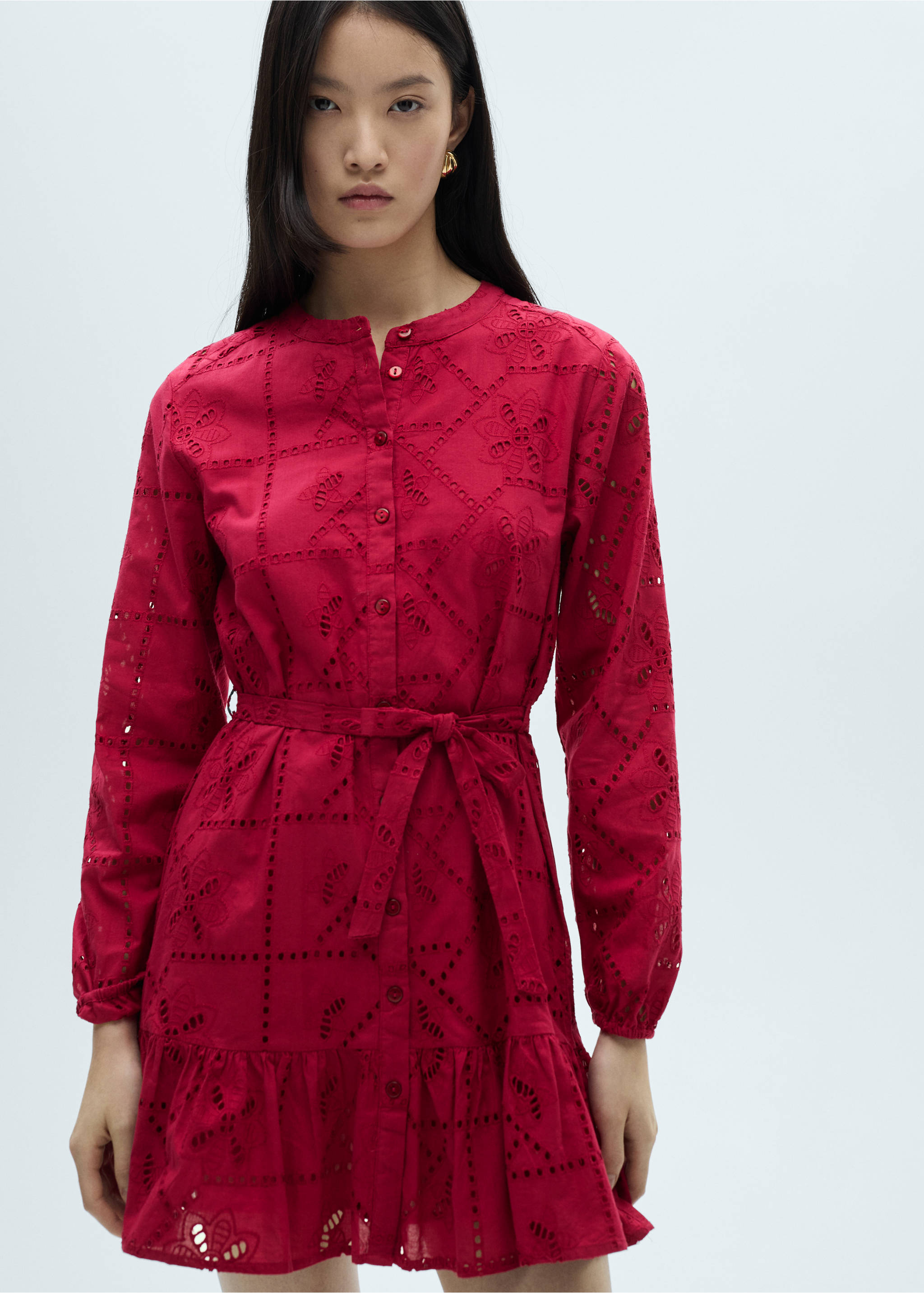 Ruffled dress with embroidered openwork - Medium plane, Strawberry. Ref: 87042535-00.