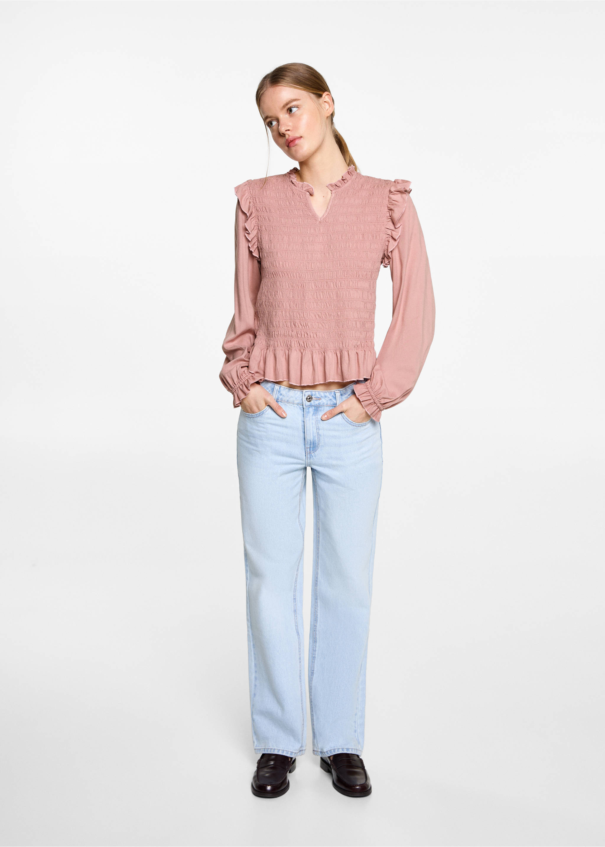 Blusa fruncida volantes - Plano general, Rosa pastel. Ref: 87042537-00.
