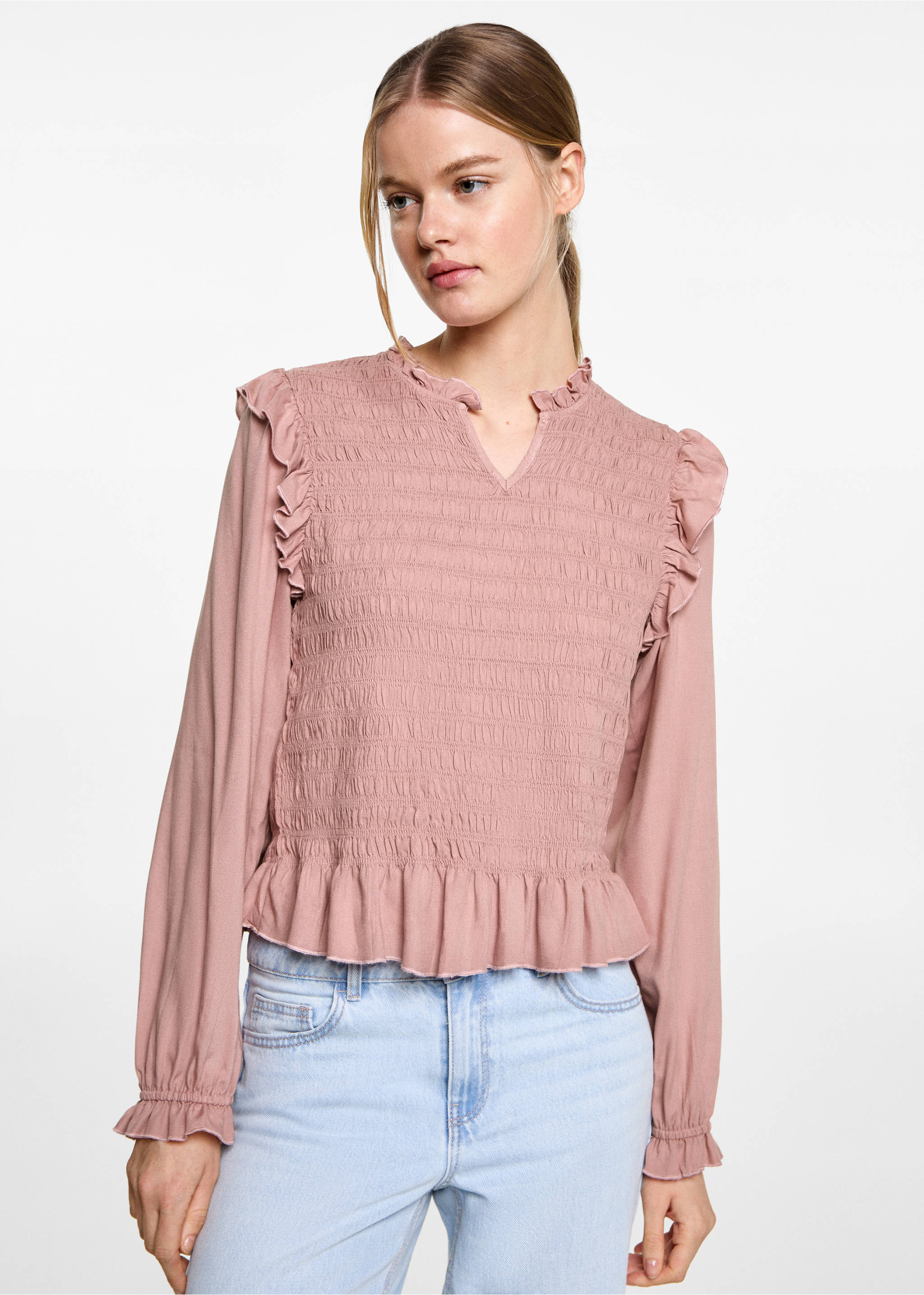 Blusa fruncida volantes - Plano medio, Rosa pastel. Ref: 87042537-00.
