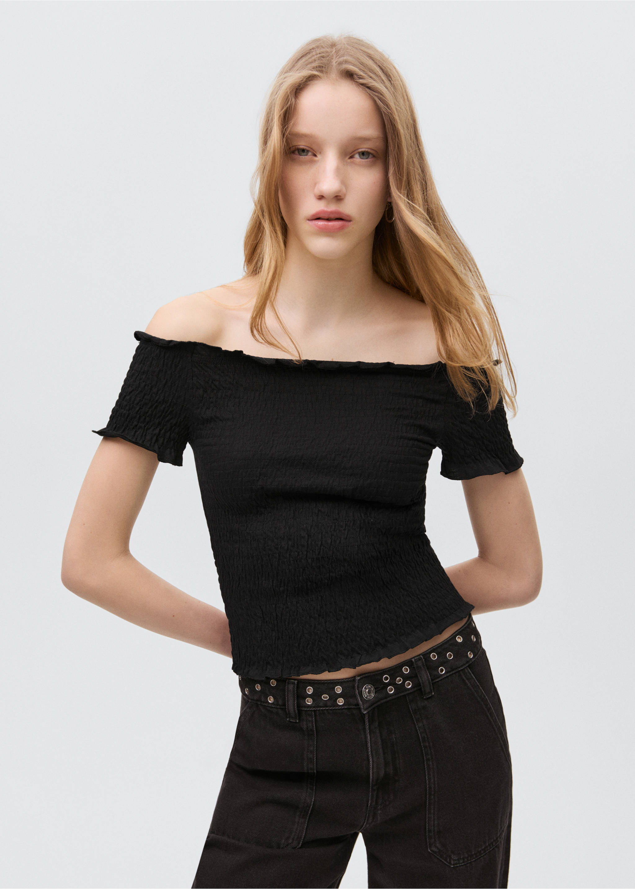 Schulterfreies Top mit Raffdetails - Mittlere Ansicht, Schwarz. Ref: 87043274-00.