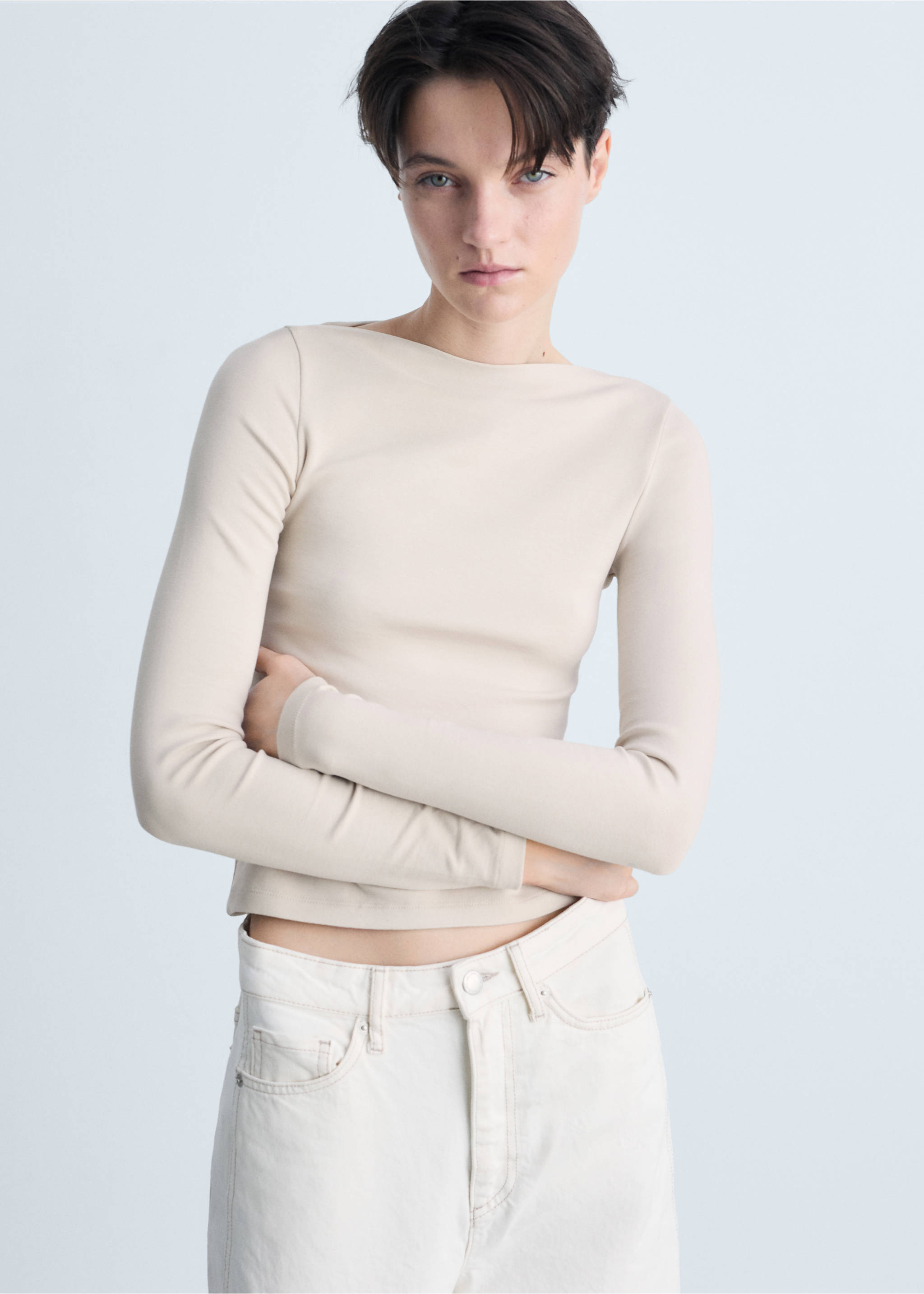 Cotton boat neck t-shirt - Medium plane, Light/Pastel Grey. Ref: 87043281-00.
