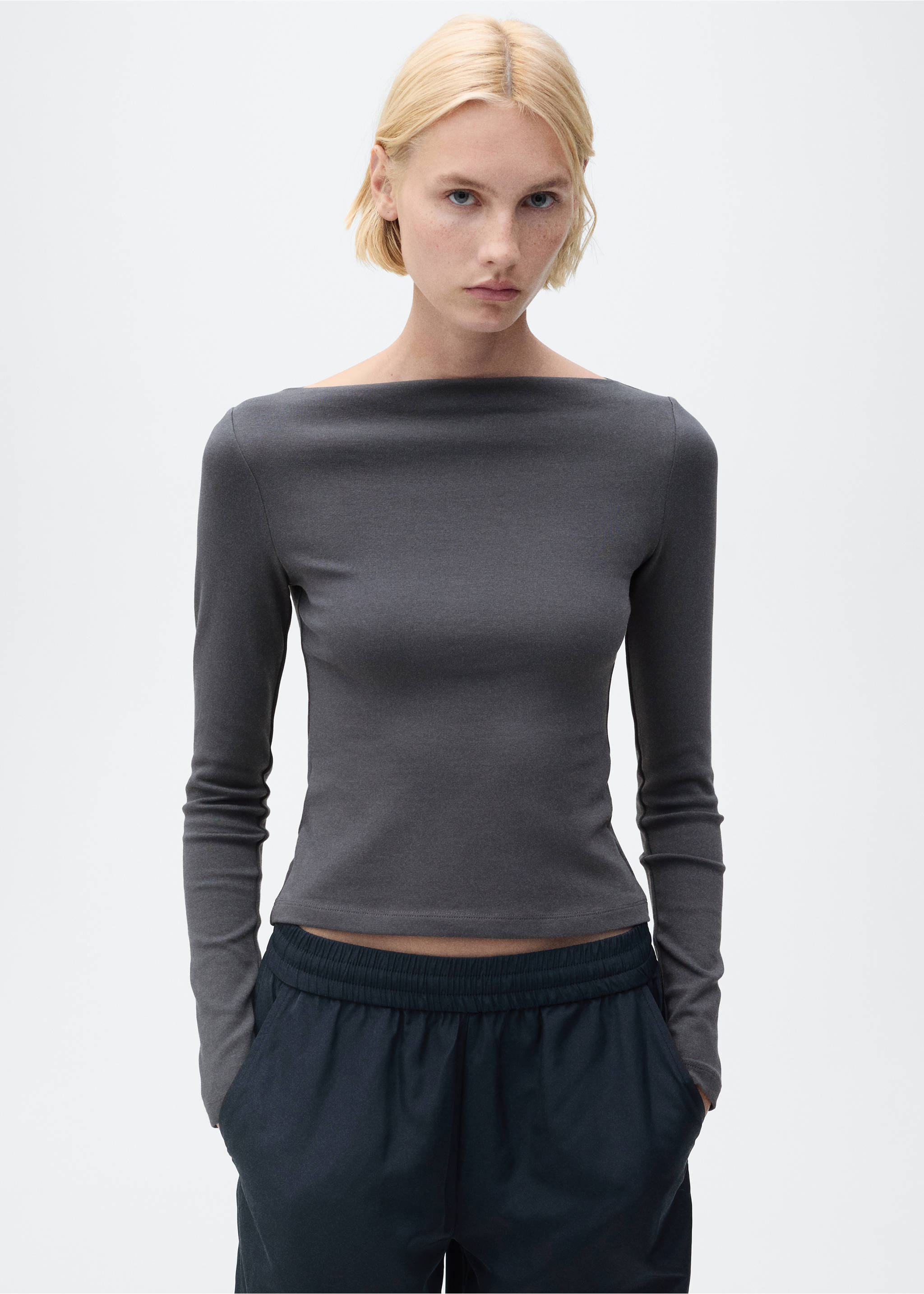 Cotton boat neck t-shirt - Medium plane, Charcoal. Ref: 87043281-00.