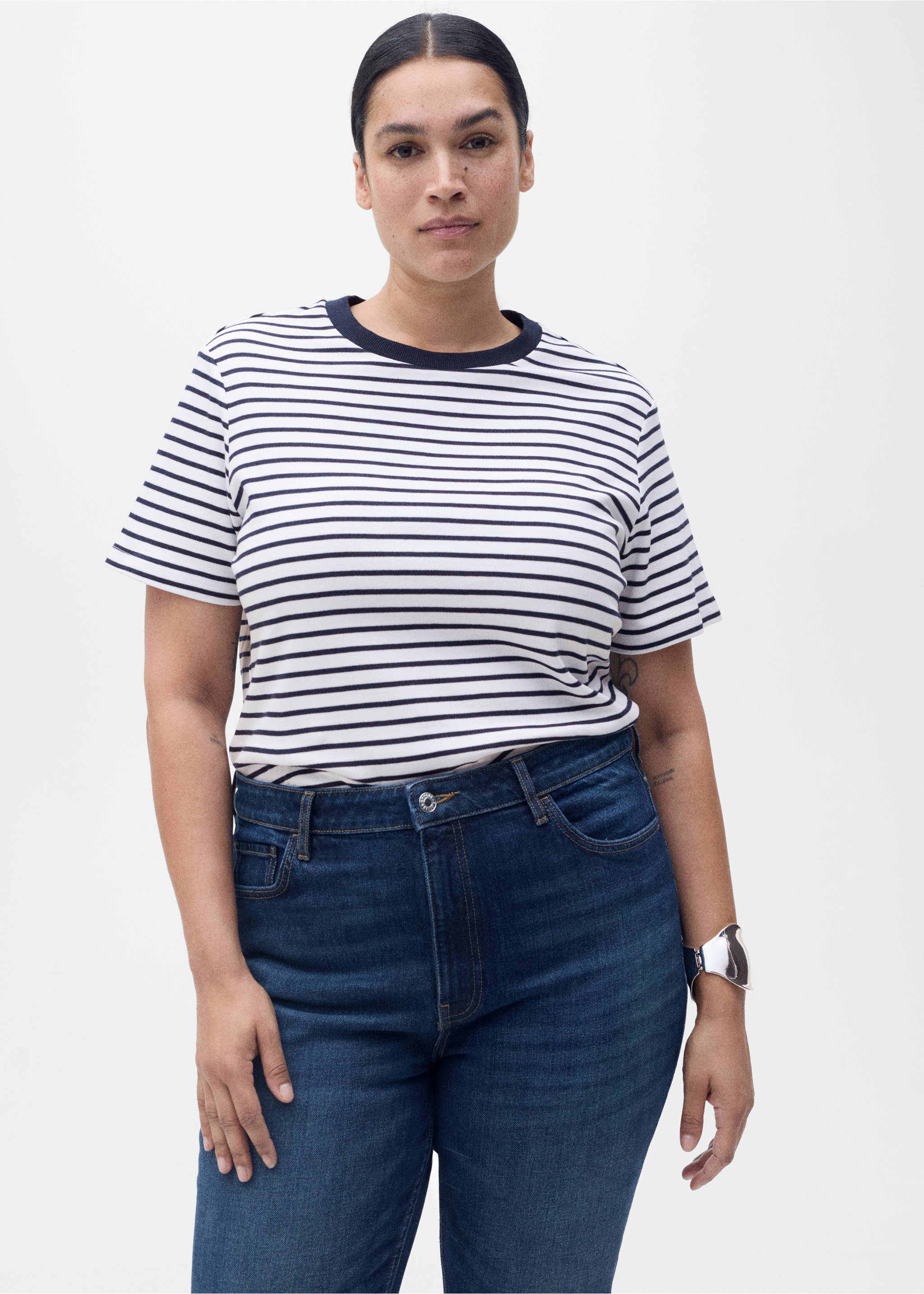 Striped short-sleeved cotton t-shirt - Details of the article 5, Blue. Ref: 87044081-00.