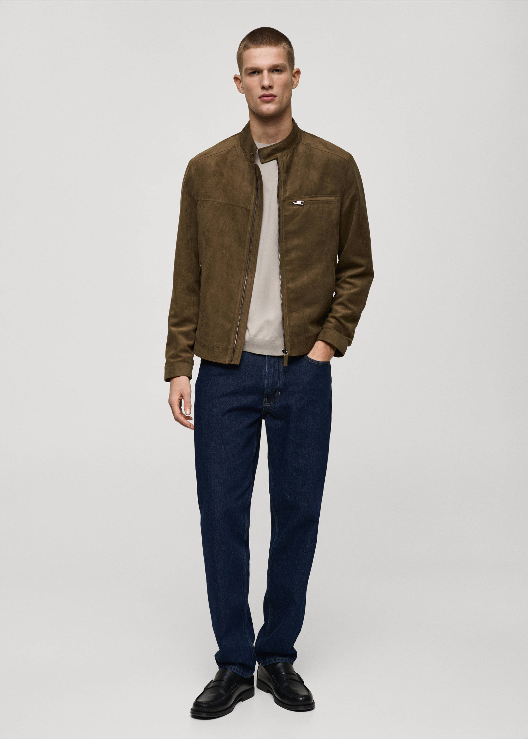 Suede-effect biker jacket - General plane, Khaki. Ref: 87044387-00.