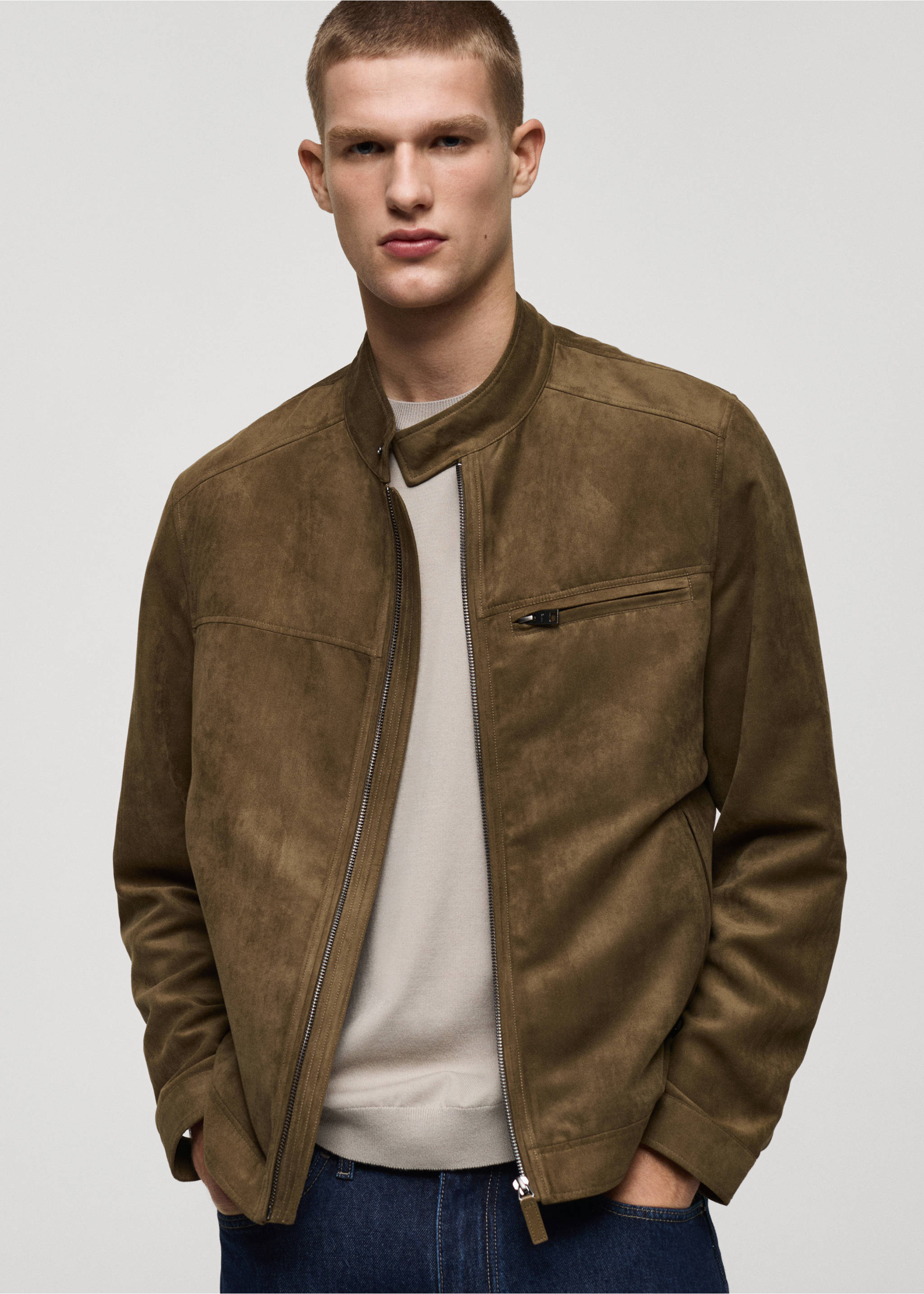 Suede-effect biker jacket - Medium plane, Khaki. Ref: 87044387-00.