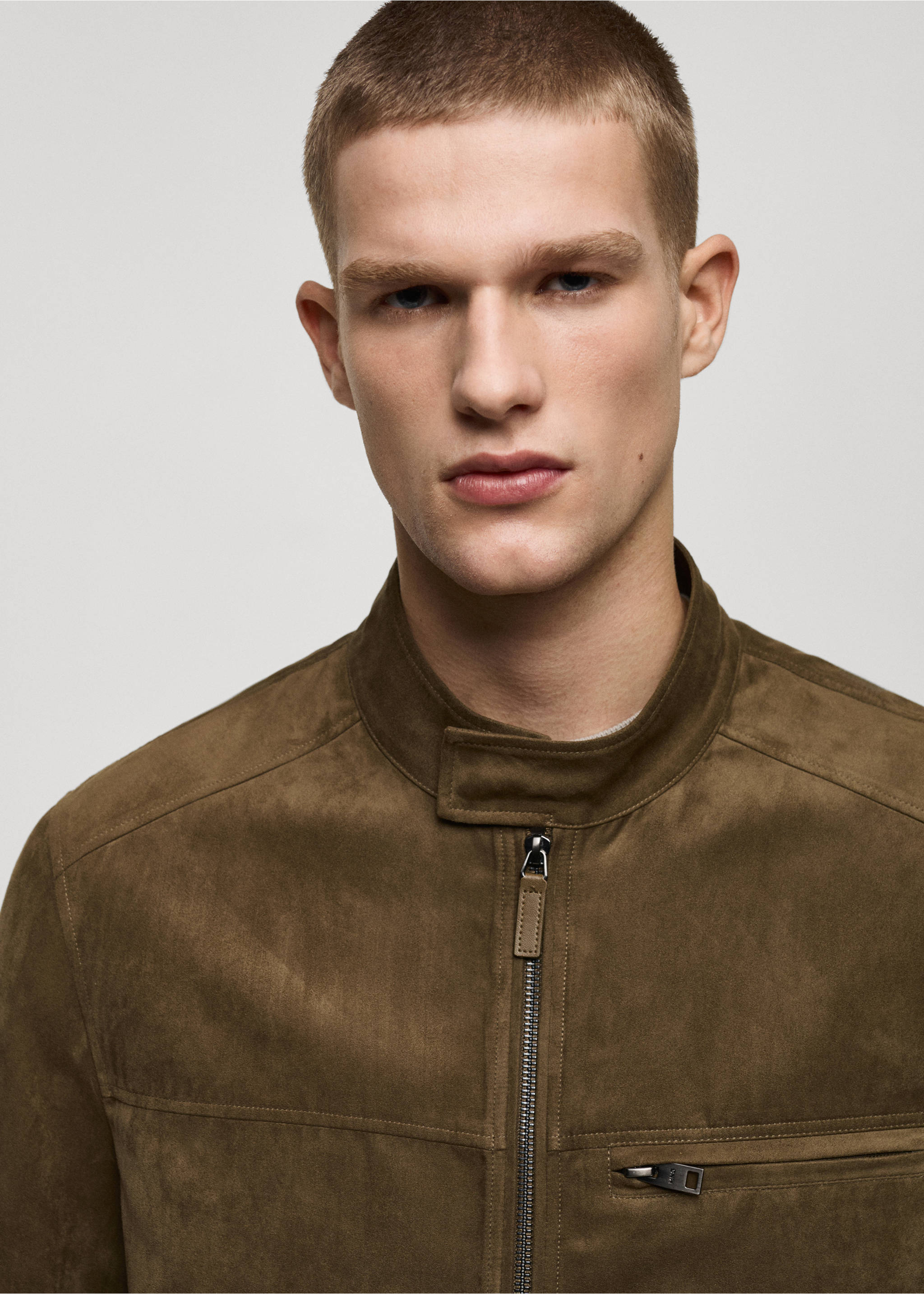 Suede-effect biker jacket - Details of the article 1, Khaki. Ref: 87044387-00.