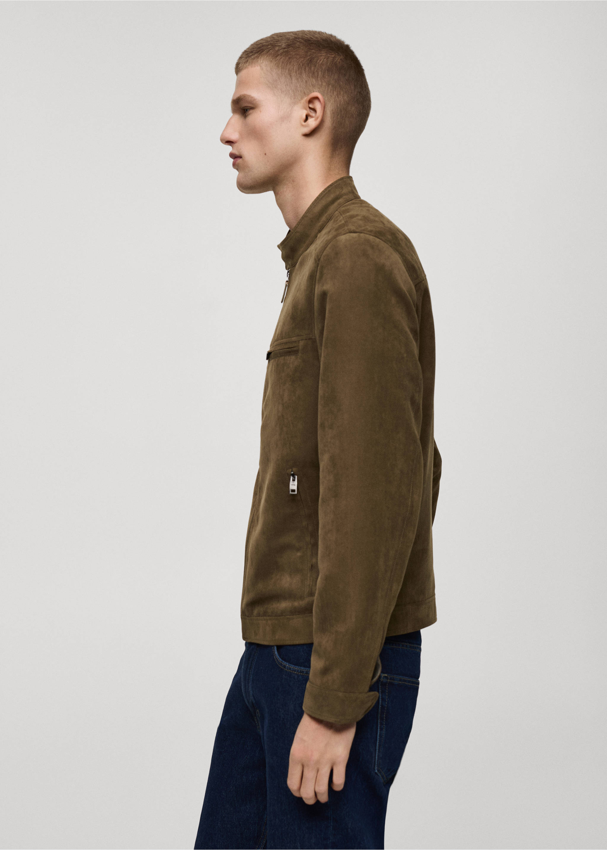 Suede-effect biker jacket - Details of the article 2, Khaki. Ref: 87044387-00.
