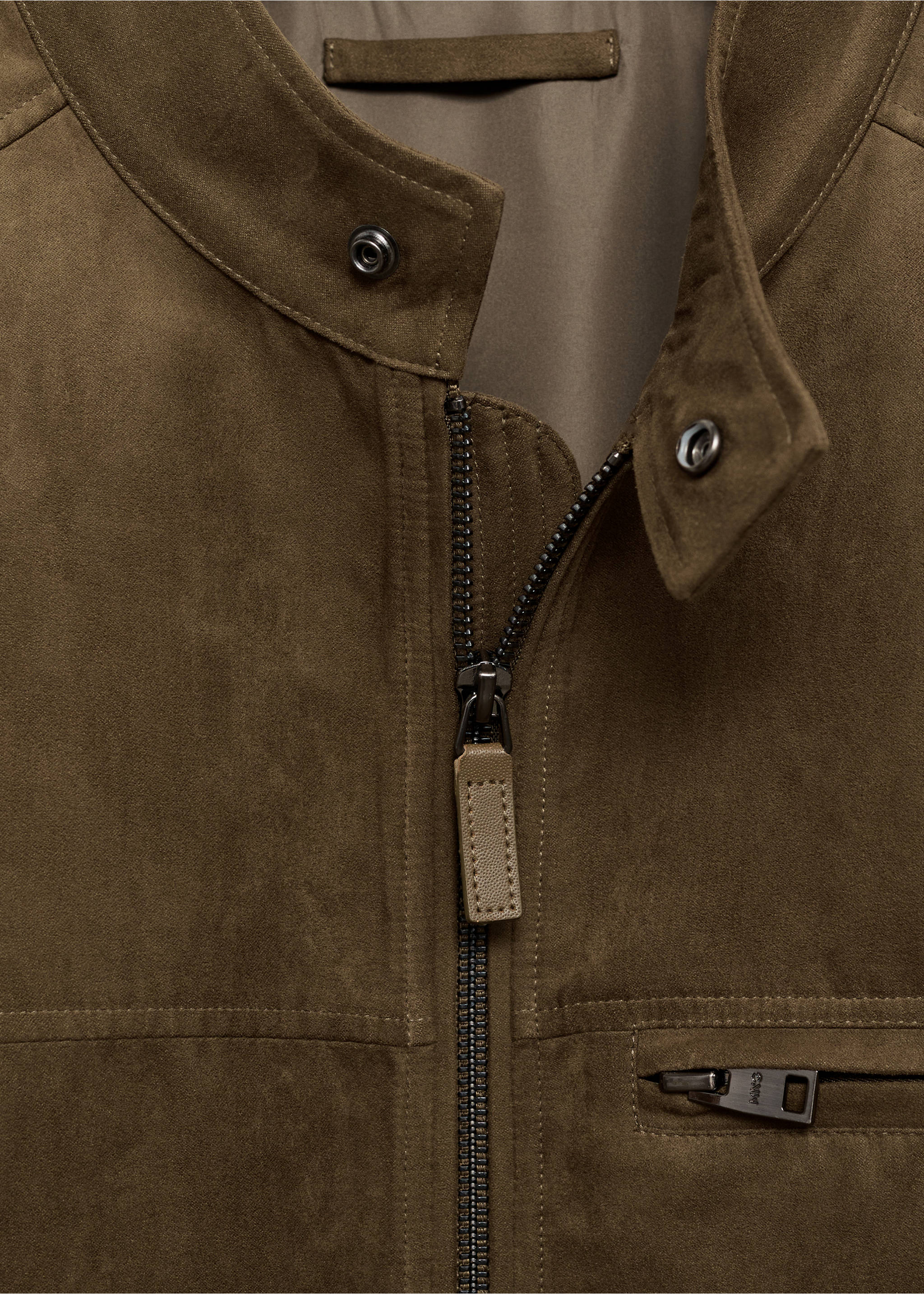 Suede-effect biker jacket - Details of the article 8, Khaki. Ref: 87044387-00.