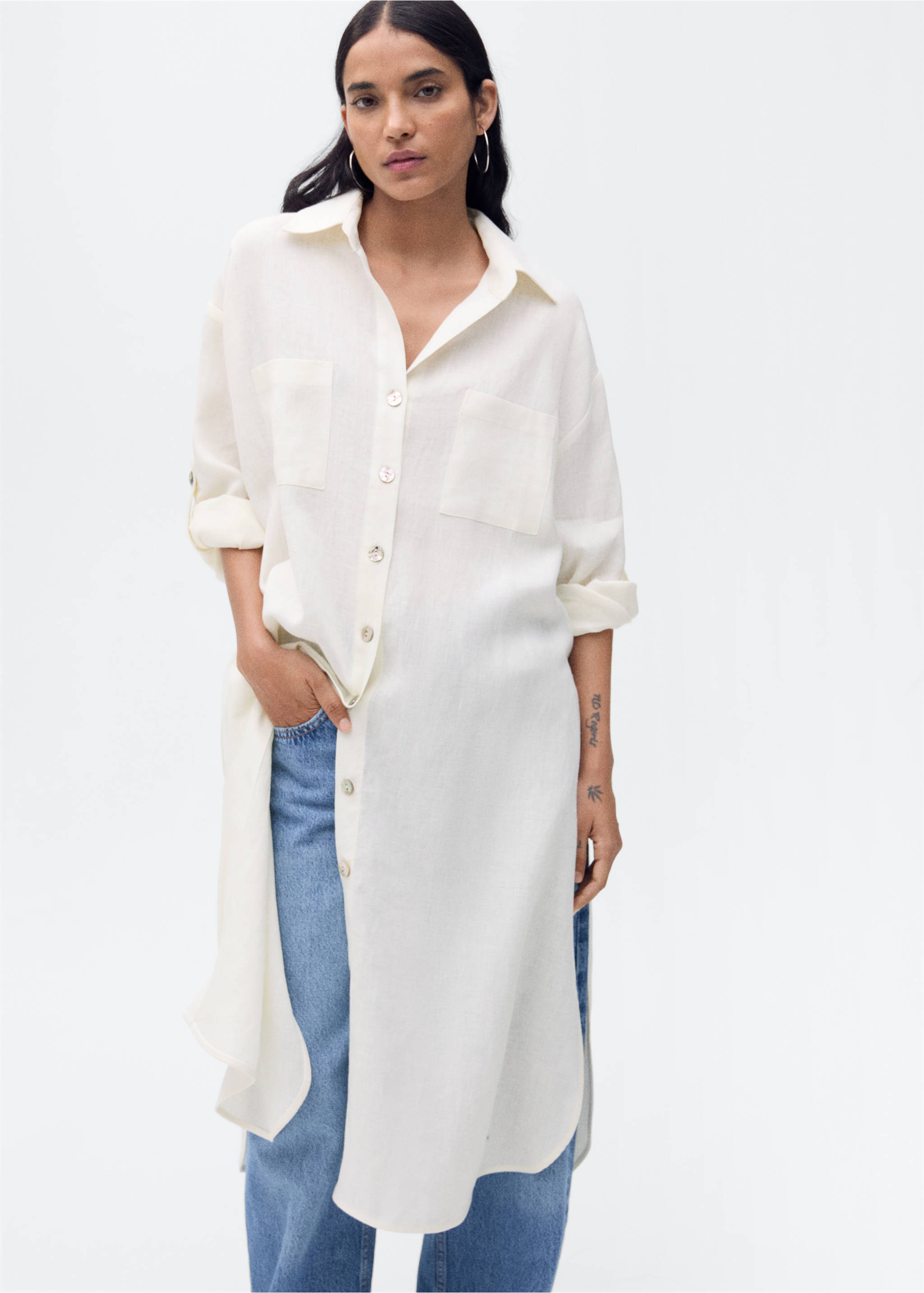 Linen long shirt - Medium plane, Vanilla. Ref: 87044780-00.