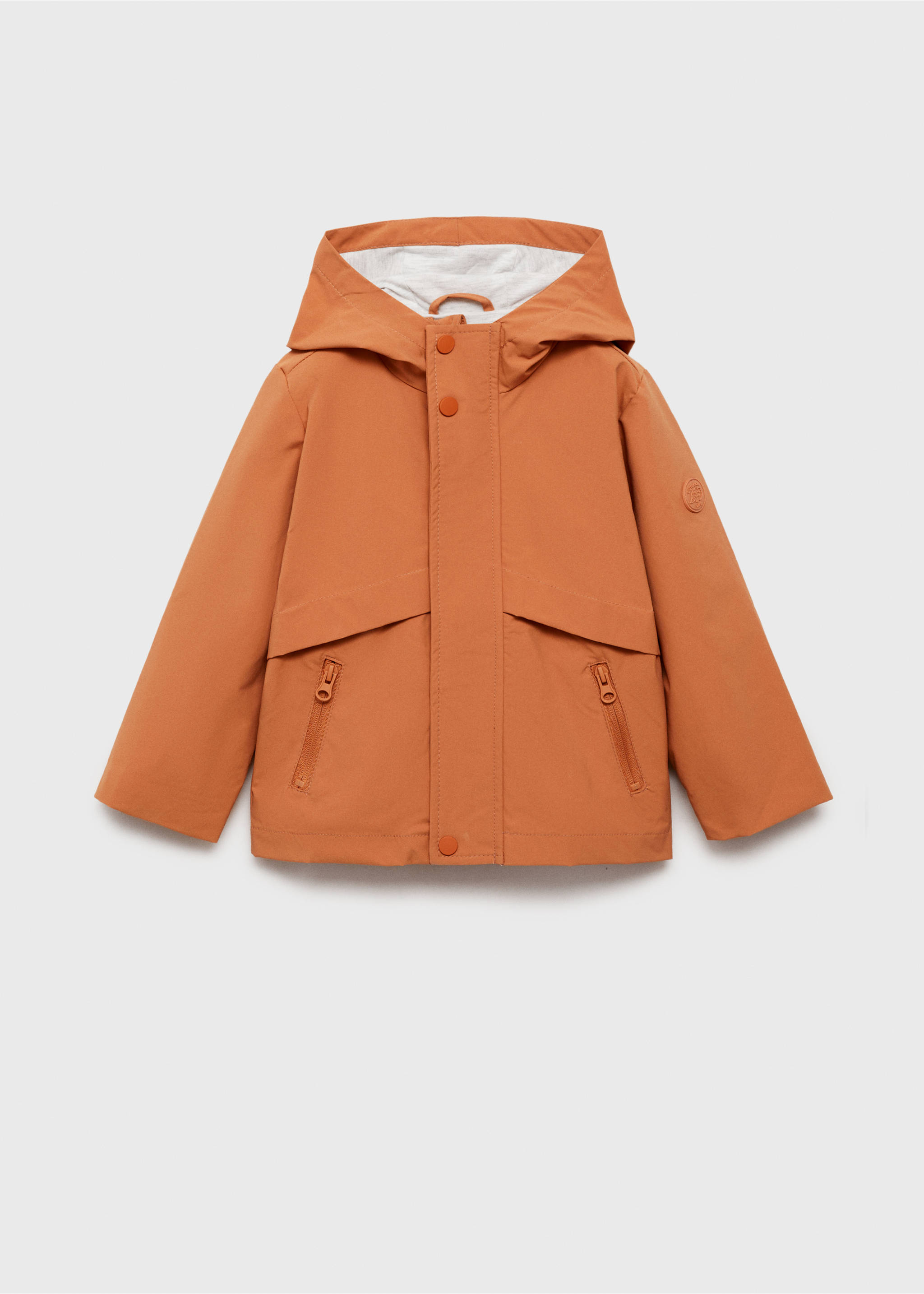 Orange kids' parka with a hood, button placket, and zipped pockets., Russet. Ref: 87044791-00.