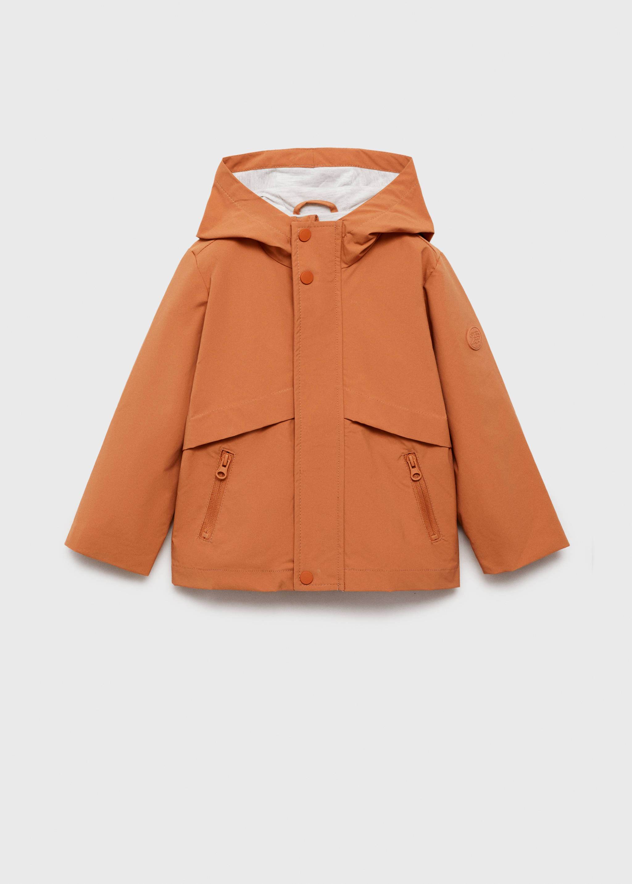 Orange kids' parka with a hood, button placket, and zipped pockets.