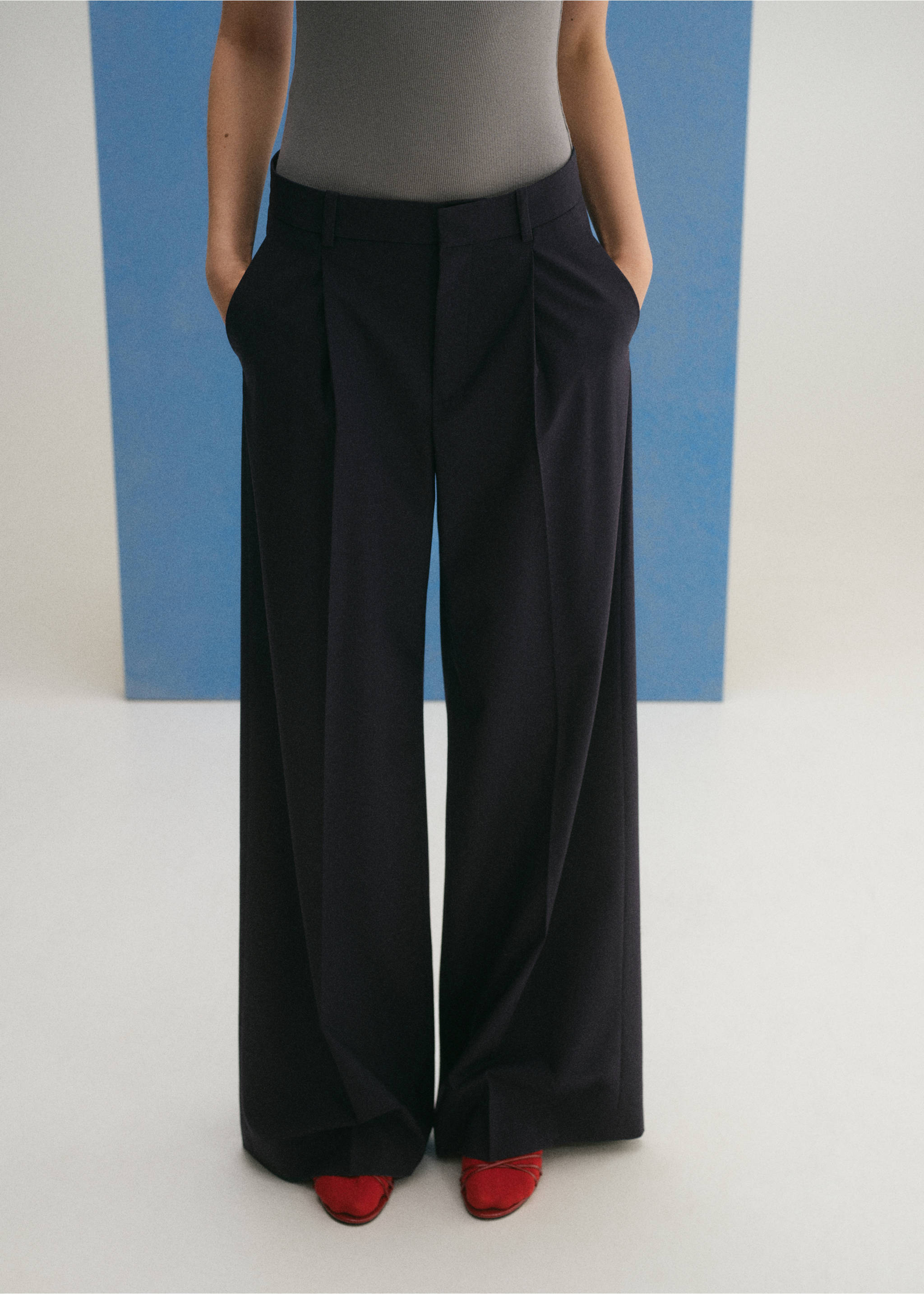 Wide leg wool-blend pleated trousers - Reverse of the article, Navy. Ref: 87044812-00.