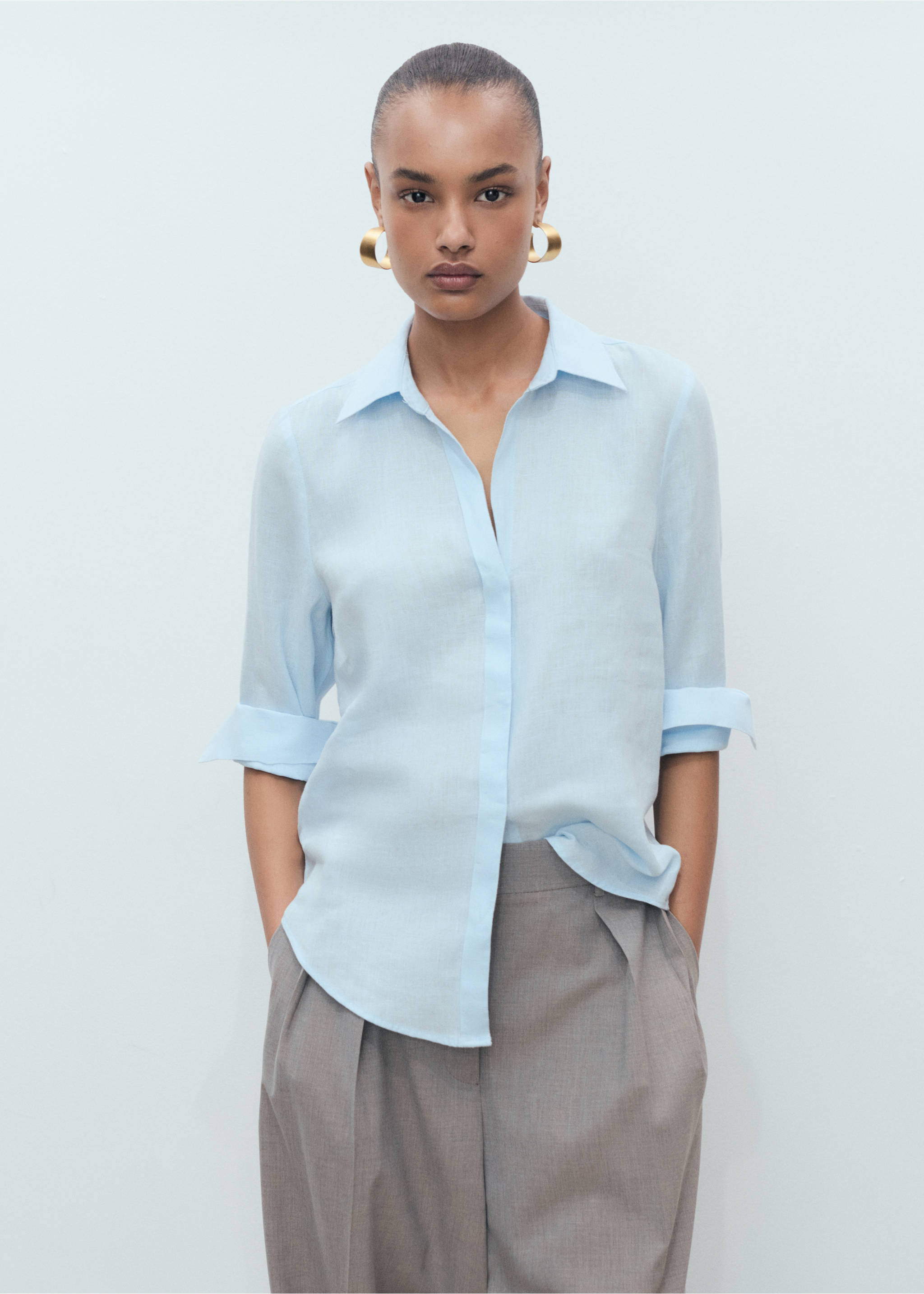 Chemise 100 % lin - Plan moyen, Bleu ciel. Ref: 87045735-00.