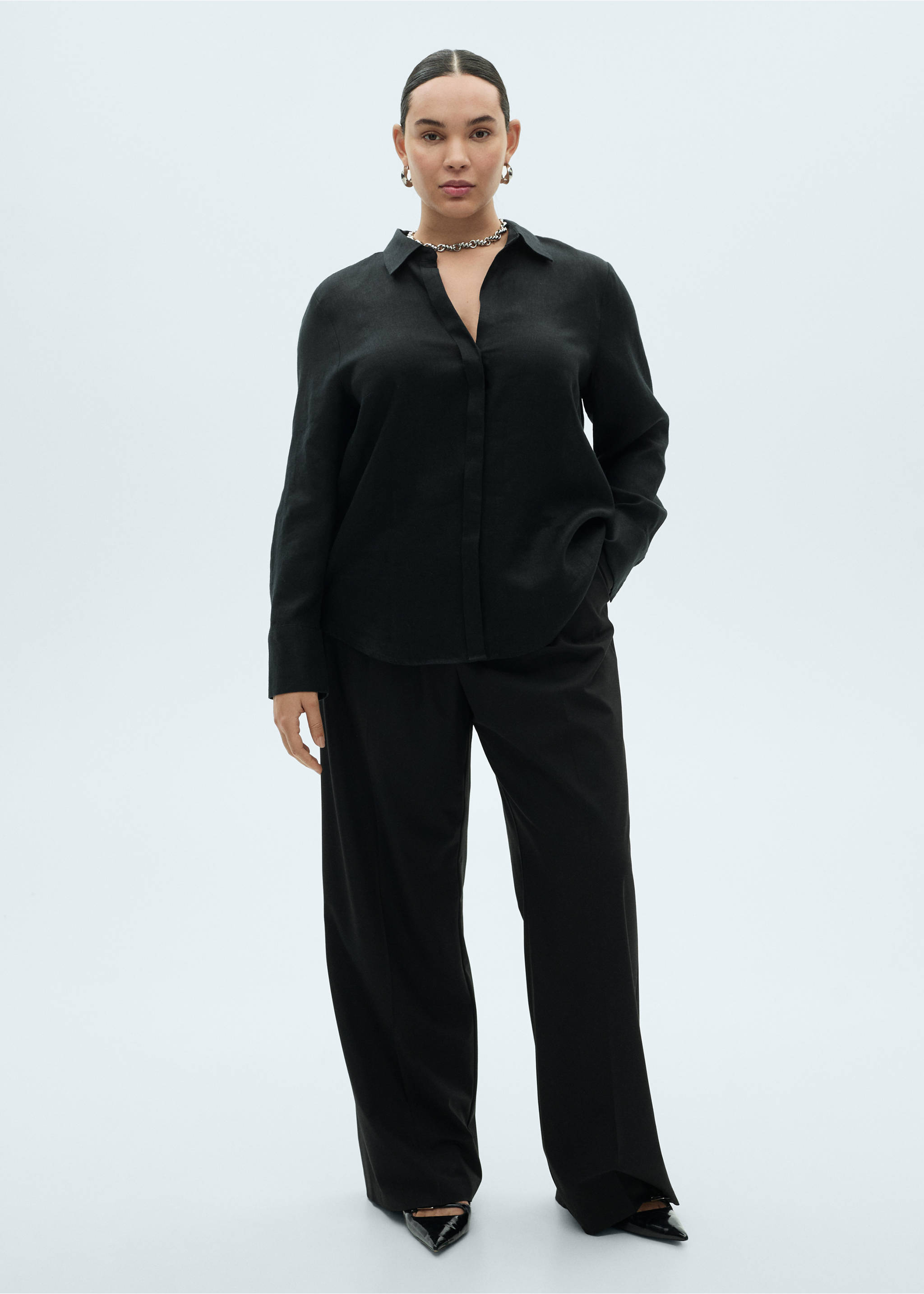 Linen 100% shirt - Details of the article 3, Black. Ref: 87045735-00.