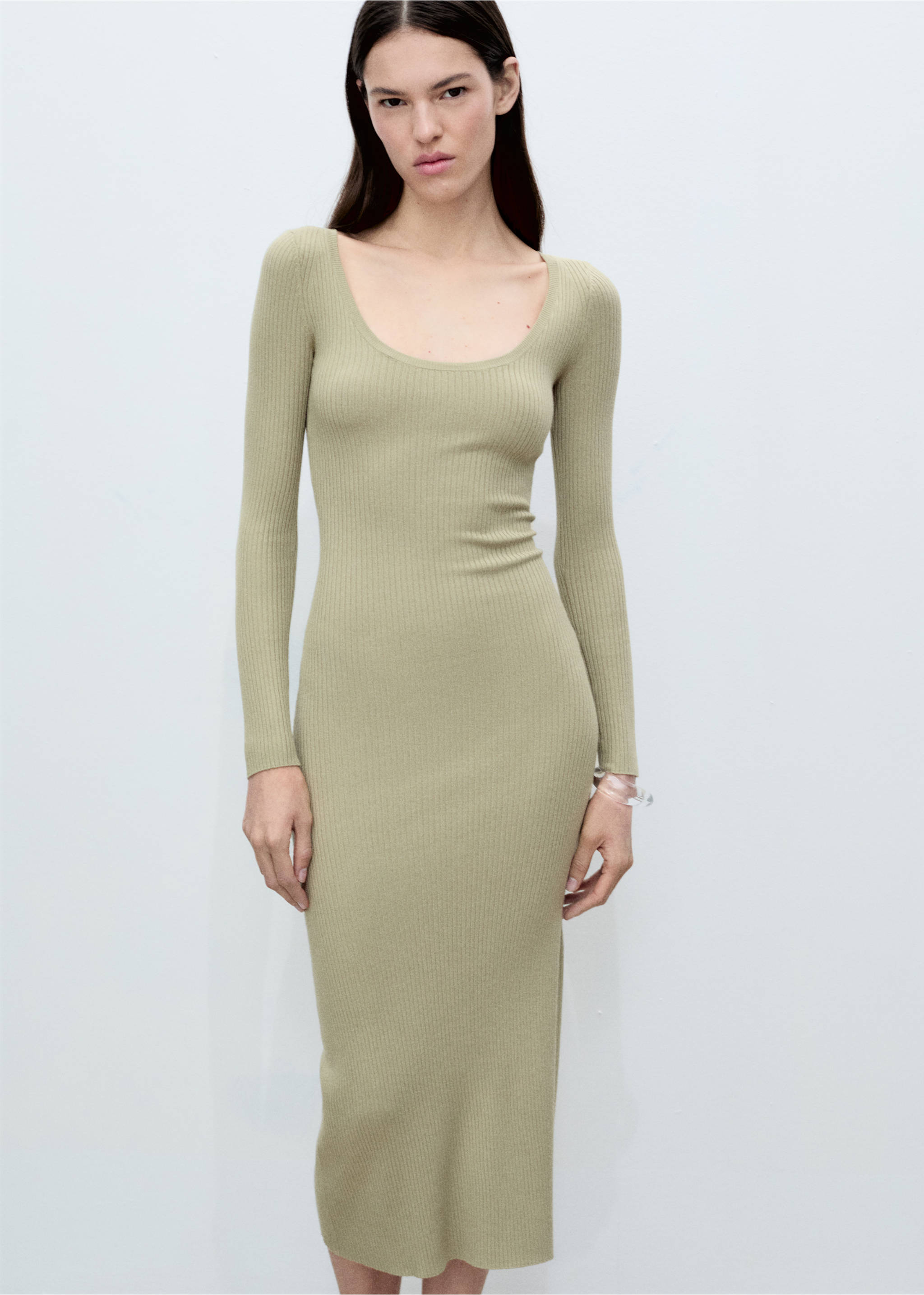 Rib-knit midi-dress - Medium plane, Khaki. Ref: 87045750-00.