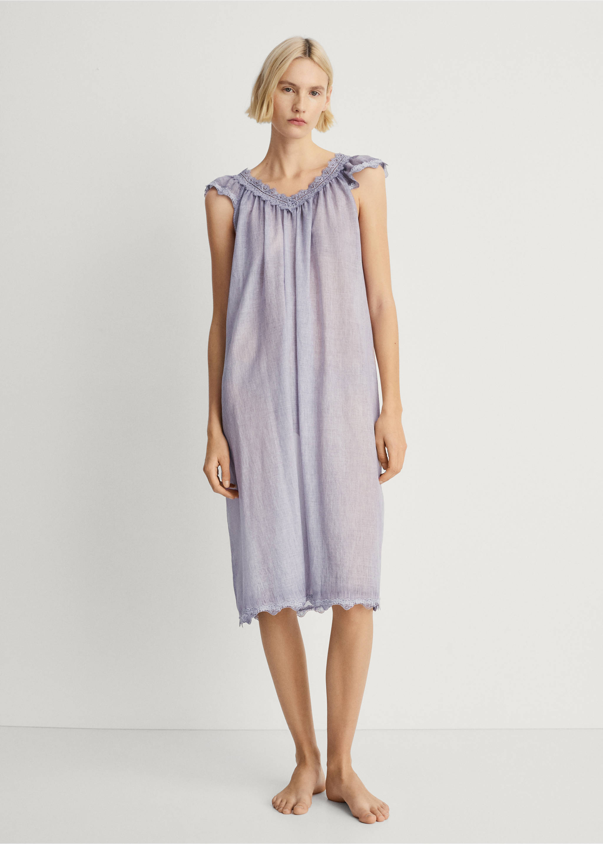 Overdyed lace cotton nightdress - General plane, Lilac. Ref: 87045752-00.