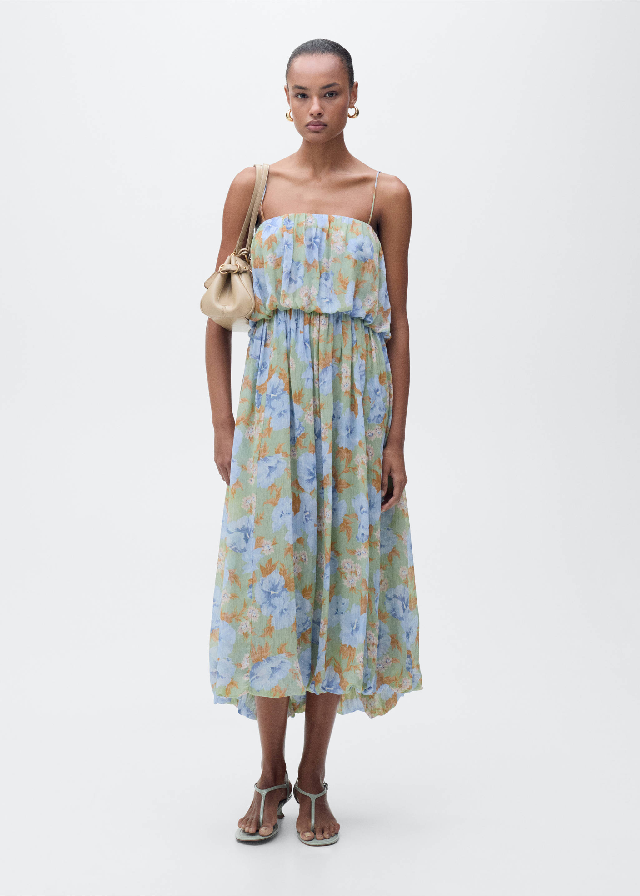 Floral-print dress with gathered waist - General plane, Mint Green. Ref: 87045766-00.