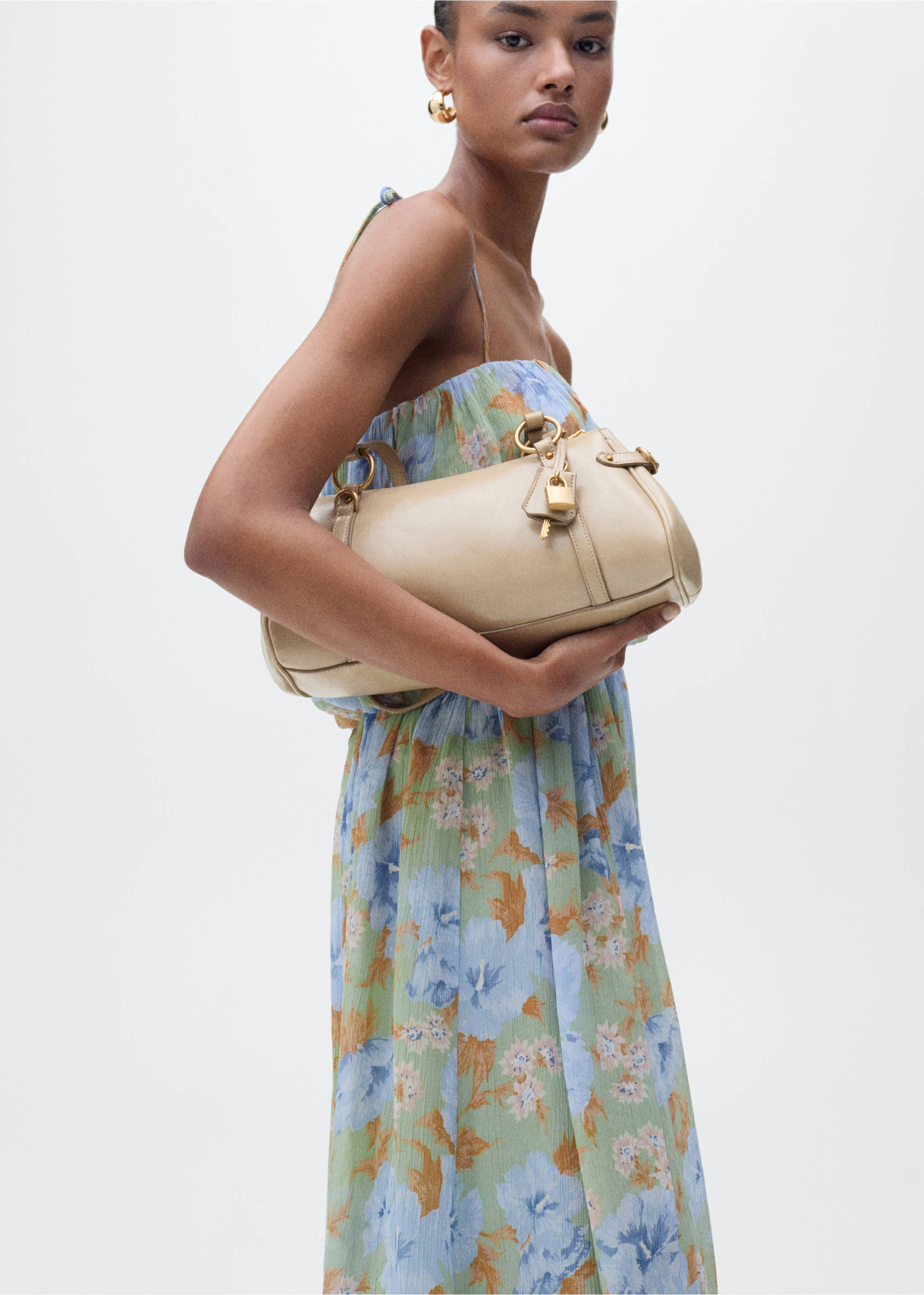 Floral-print dress with gathered waist - Medium plane, Mint Green. Ref: 87045766-00.