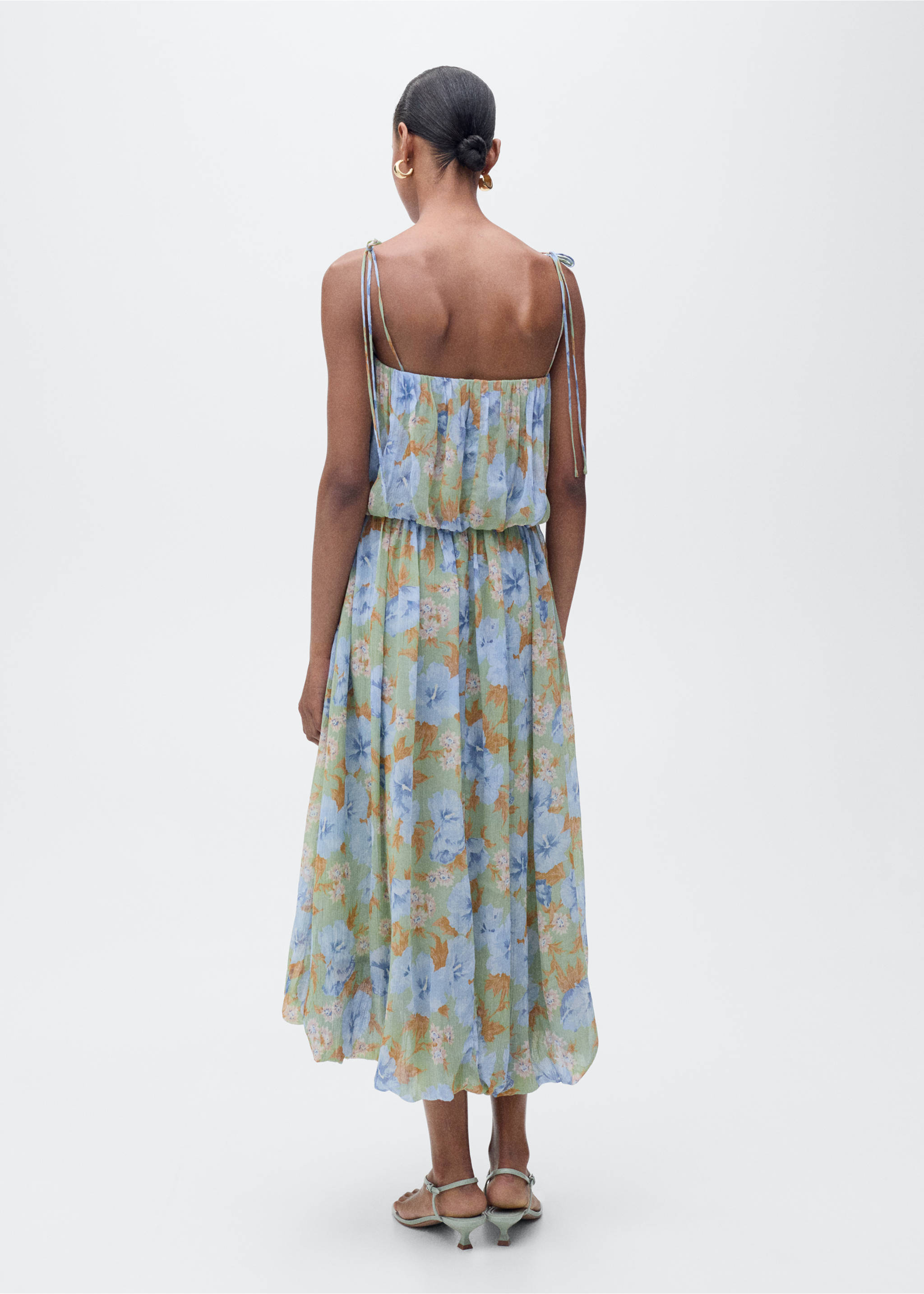 Floral-print dress with gathered waist - Reverse of the article, Mint Green. Ref: 87045766-00.