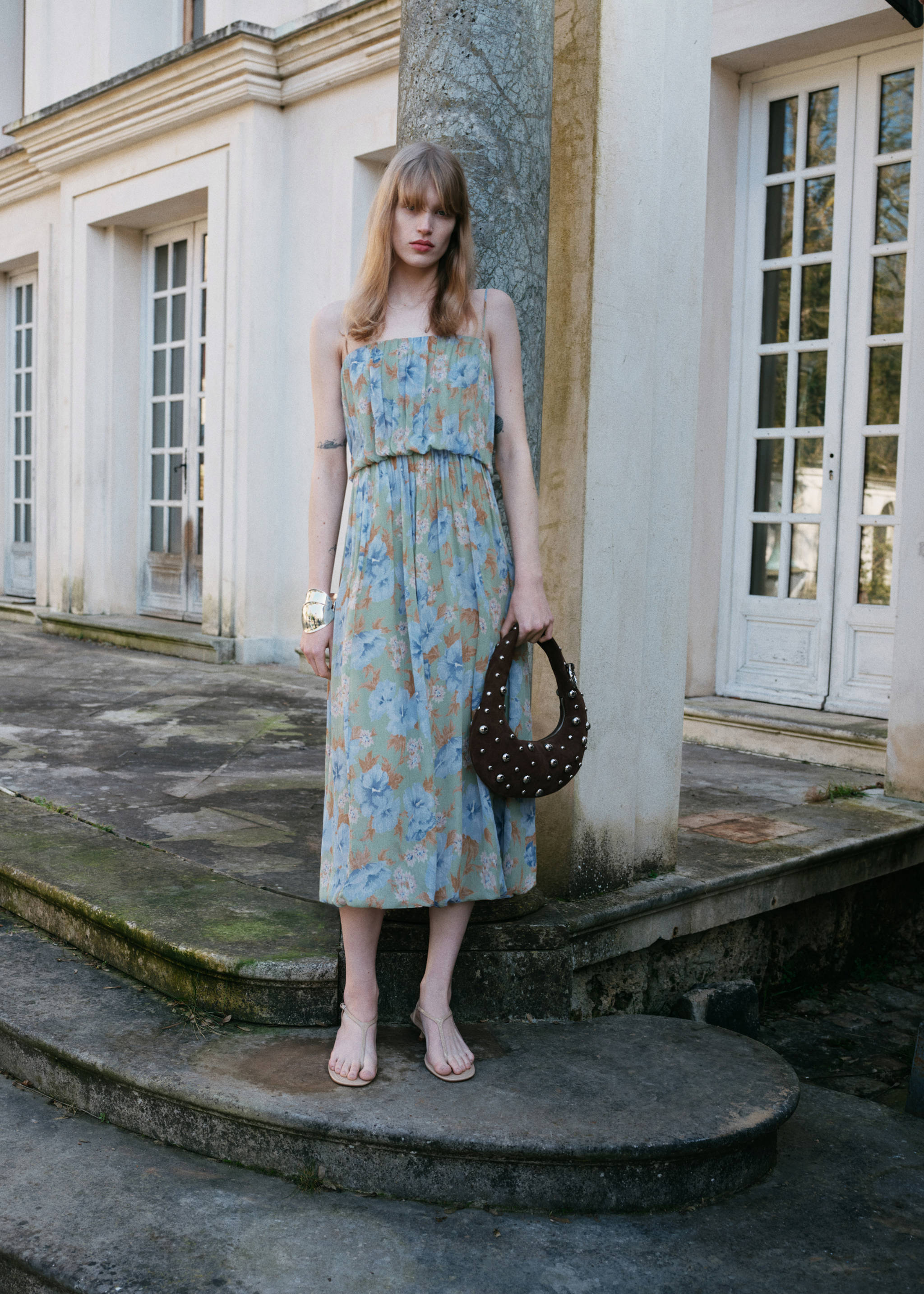 Floral-print dress with gathered waist - Details of the article 6, Mint Green. Ref: 87045766-00.