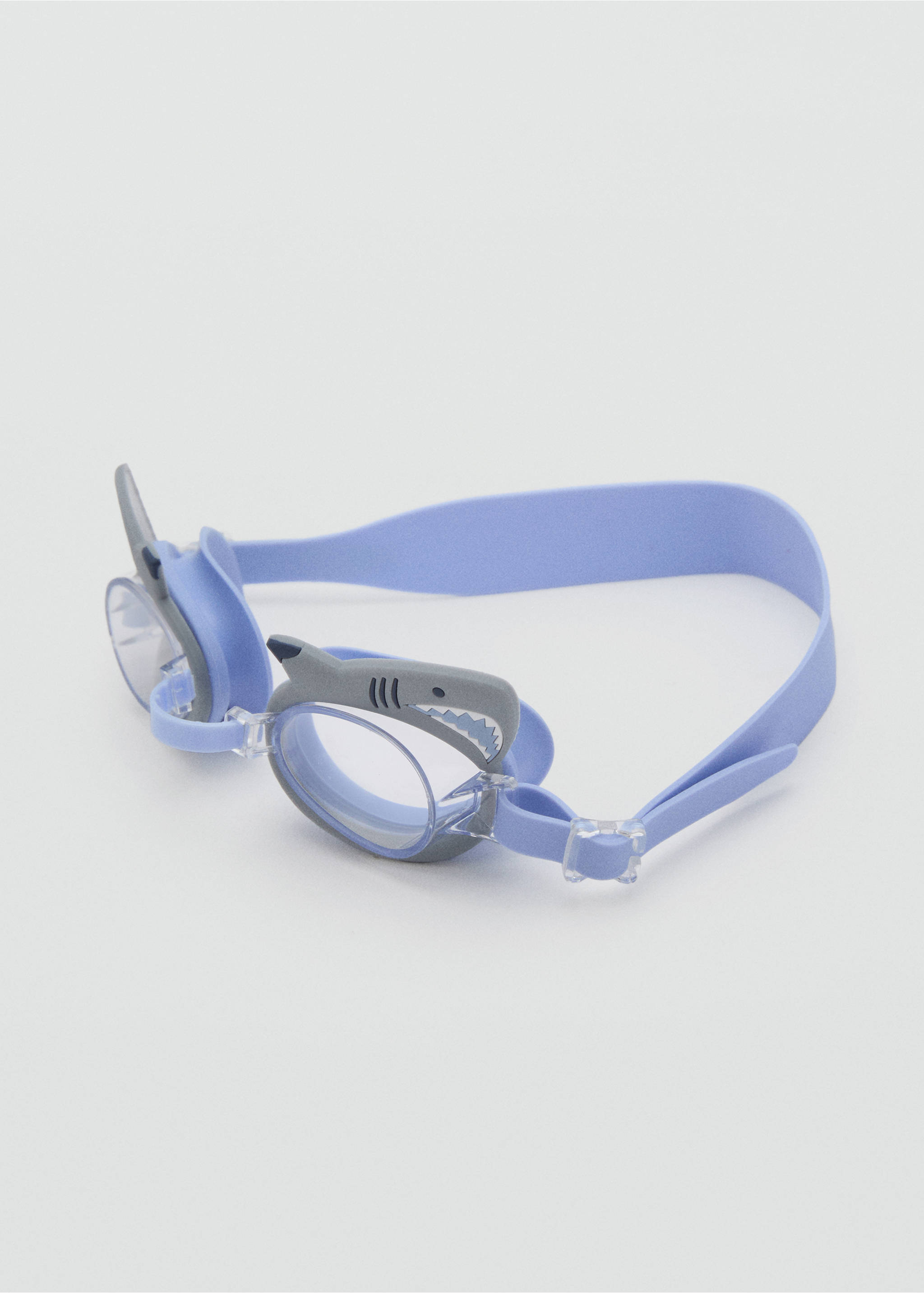 Light blue kids' swim goggles with grey shark-themed lens frames., Blue. Ref: 87045919-00.