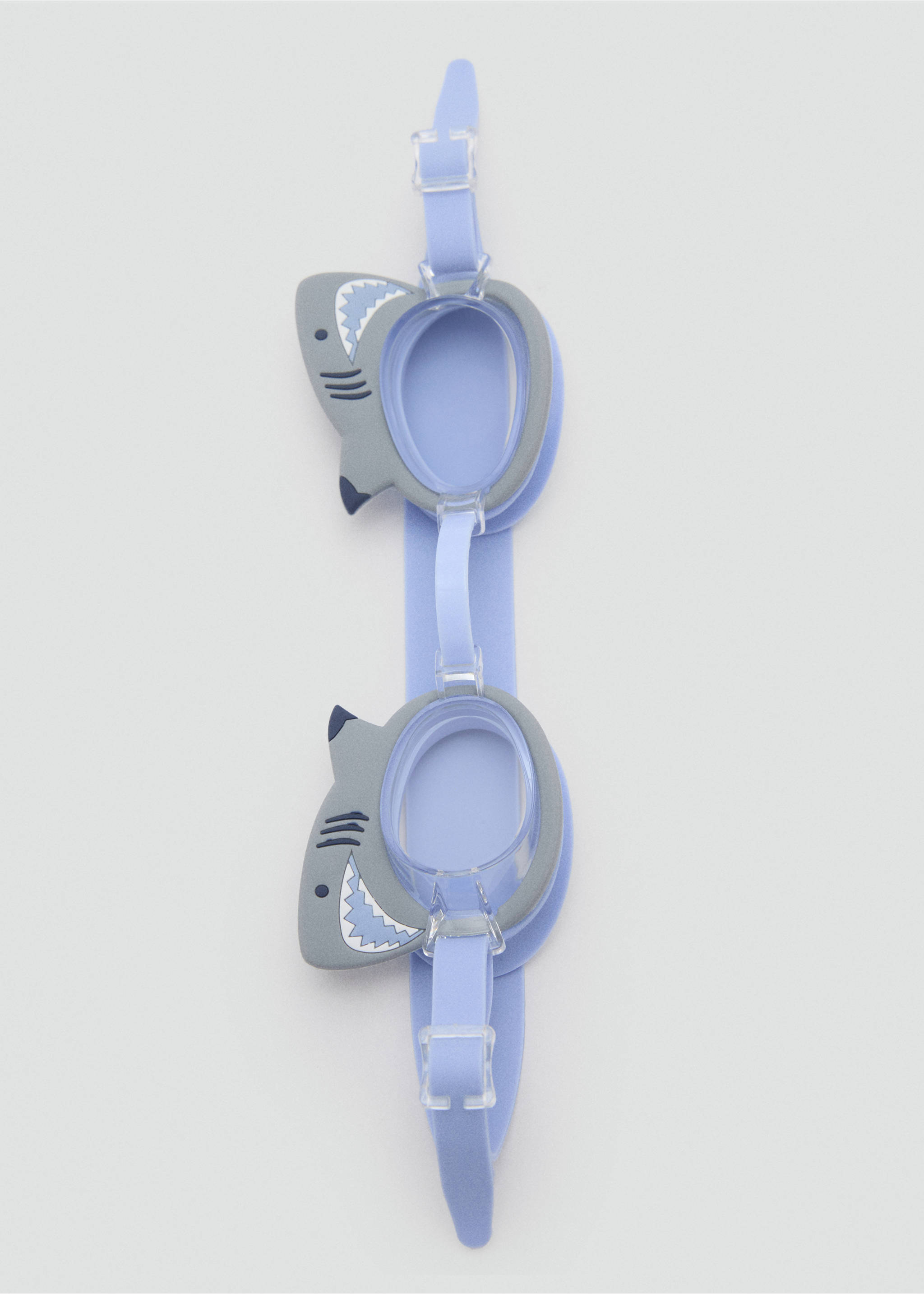 Blue children's diving goggles with grey shark frames and clear lenses., Blue. Ref: 87045919-00.