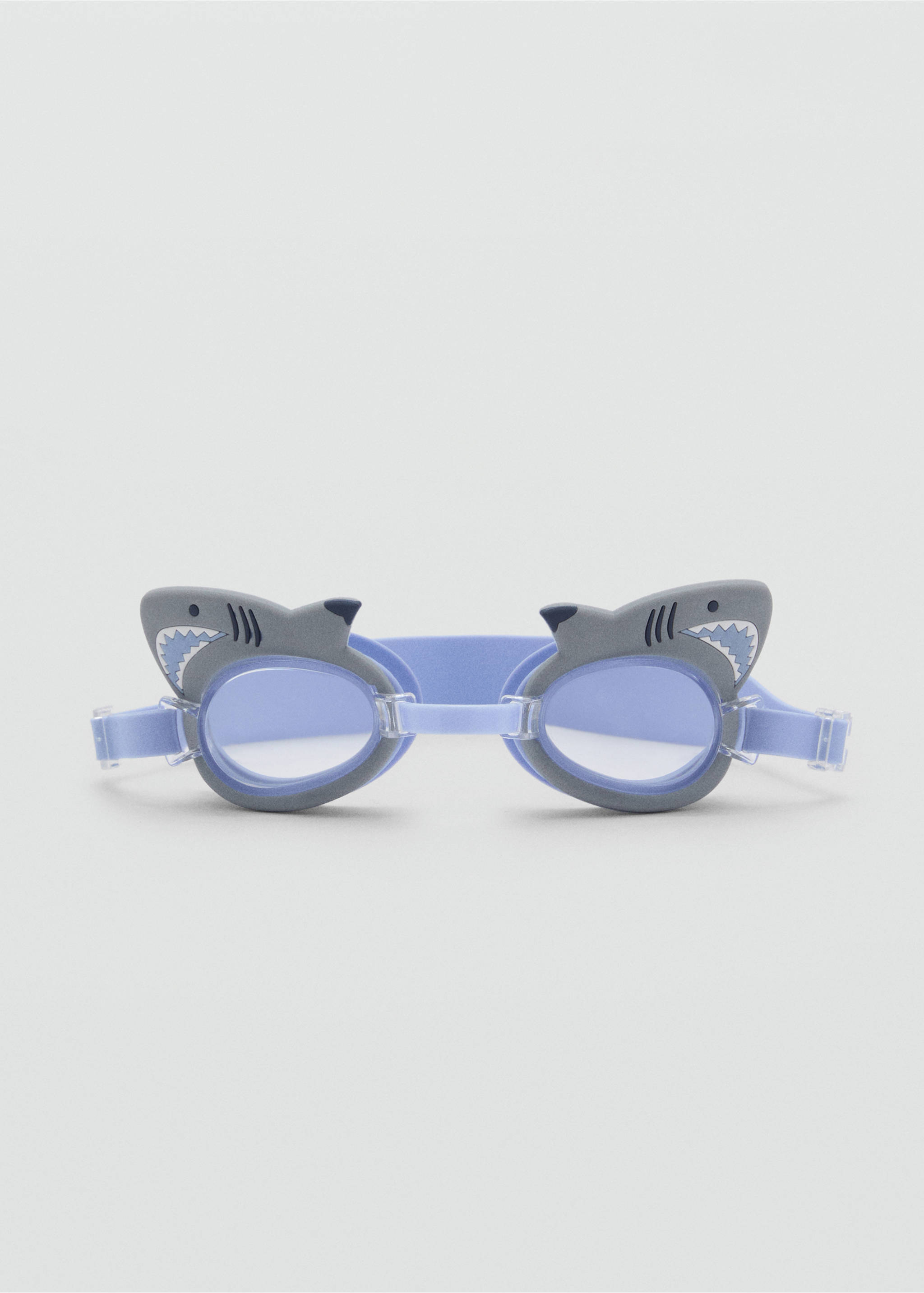 Pale blue kids' diving goggles with grey shark-shaped frames., Blue. Ref: 87045919-00.