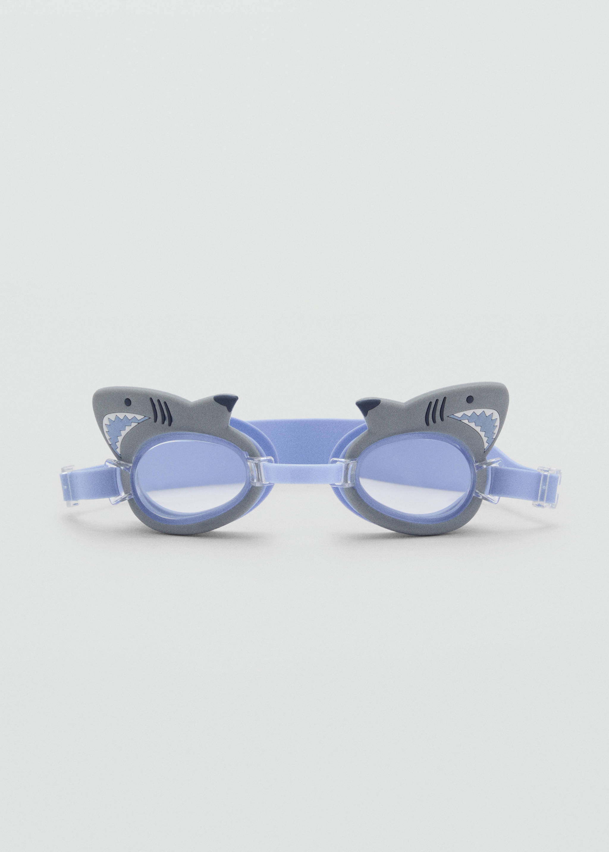 Pale blue kids' diving goggles with grey shark-shaped frames.