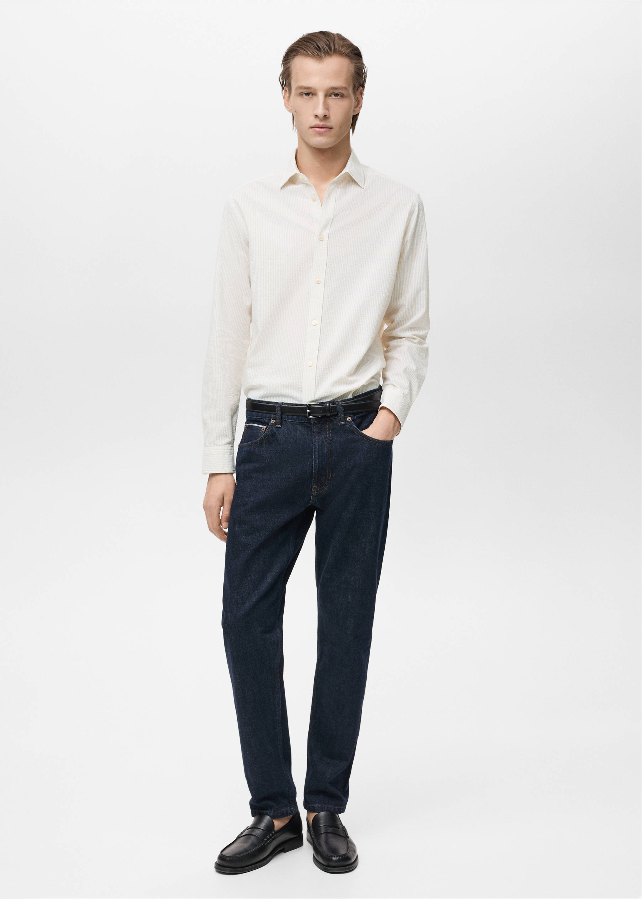 Gestreiftes Seersucker-Hemd - Allgemeine Ansicht, Sandfarben. Ref: 87045932-00.