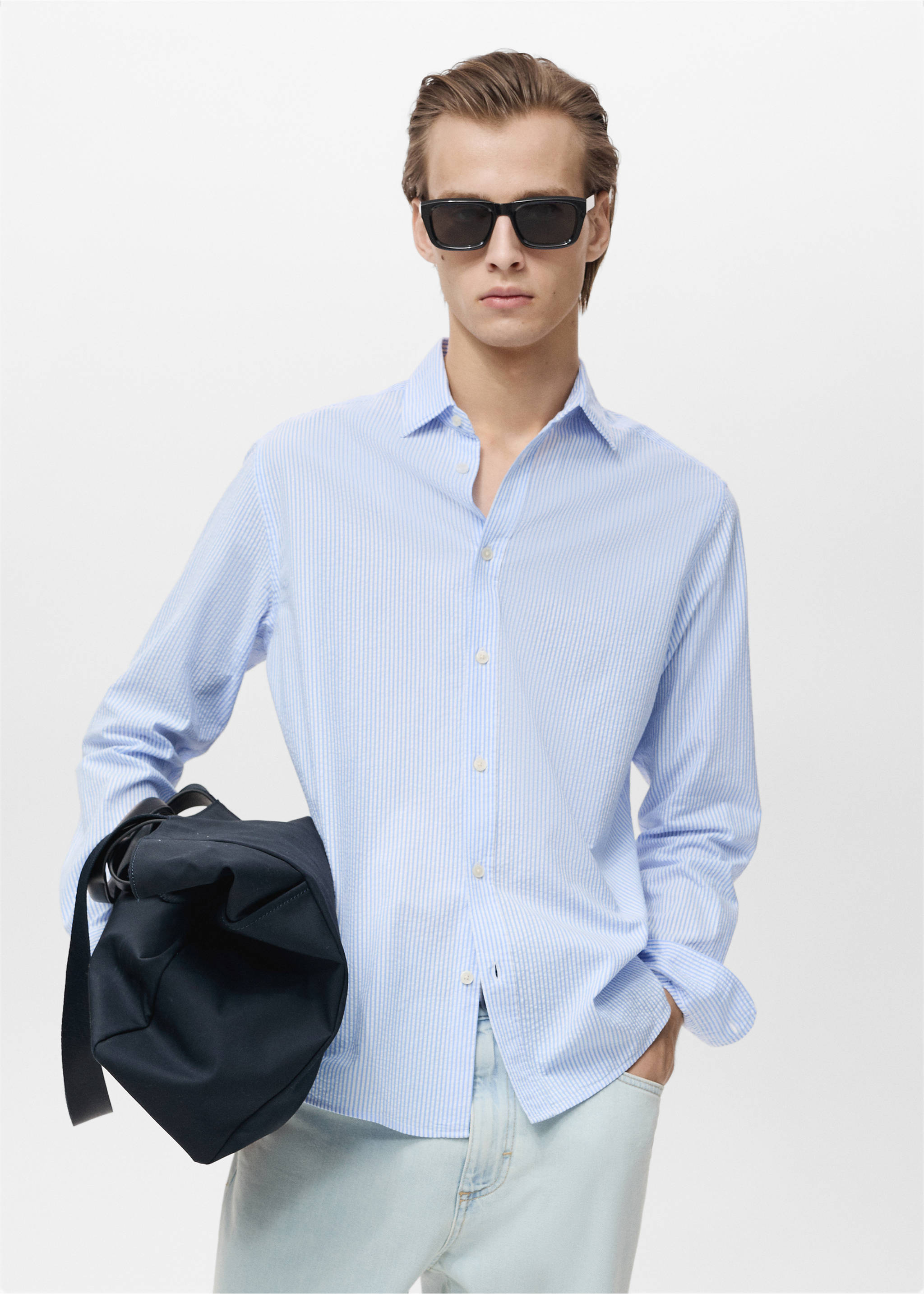 Striped seersucker shirt - Medium plane, Sky Blue. Ref: 87045932-00.