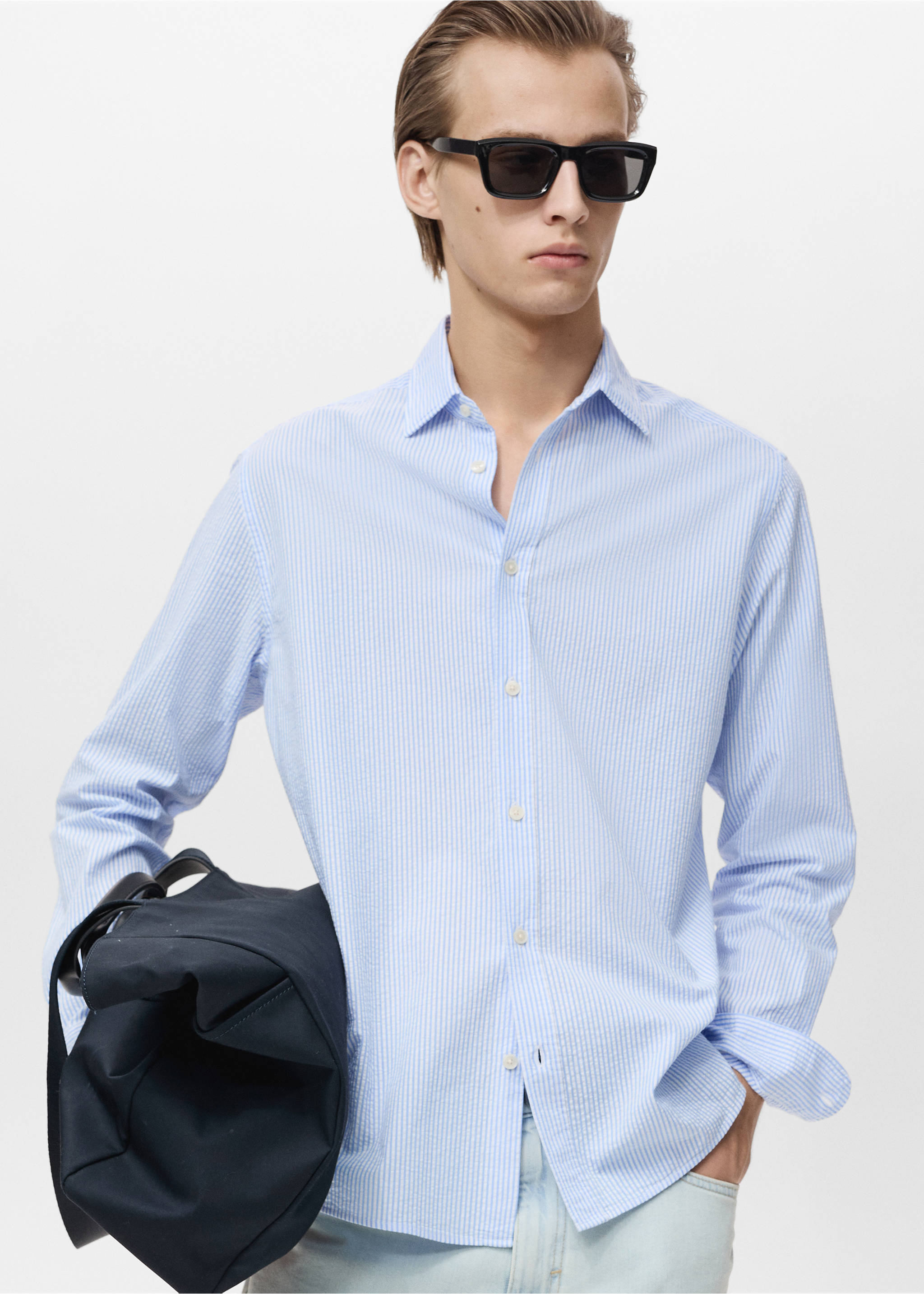 Striped seersucker shirt - Details of the article 1, Sky Blue. Ref: 87045932-00.