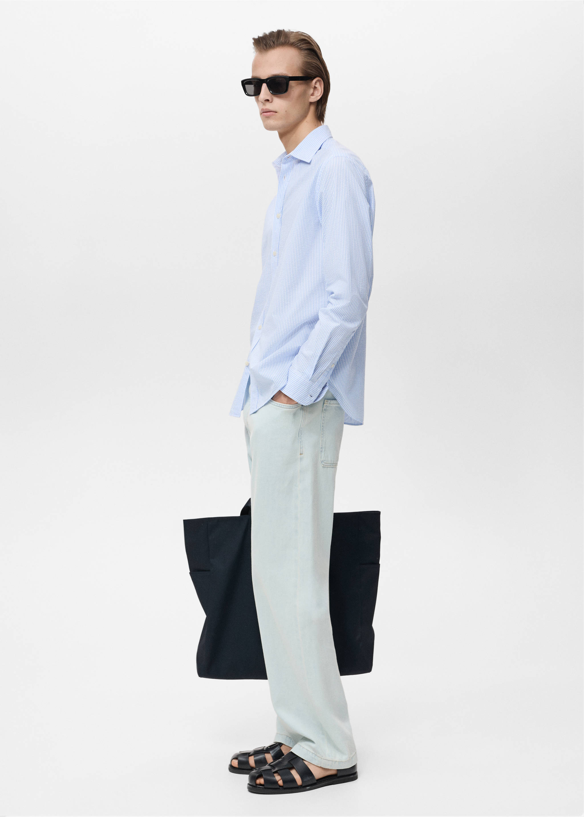 Striped seersucker shirt - Details of the article 2, Sky Blue. Ref: 87045932-00.