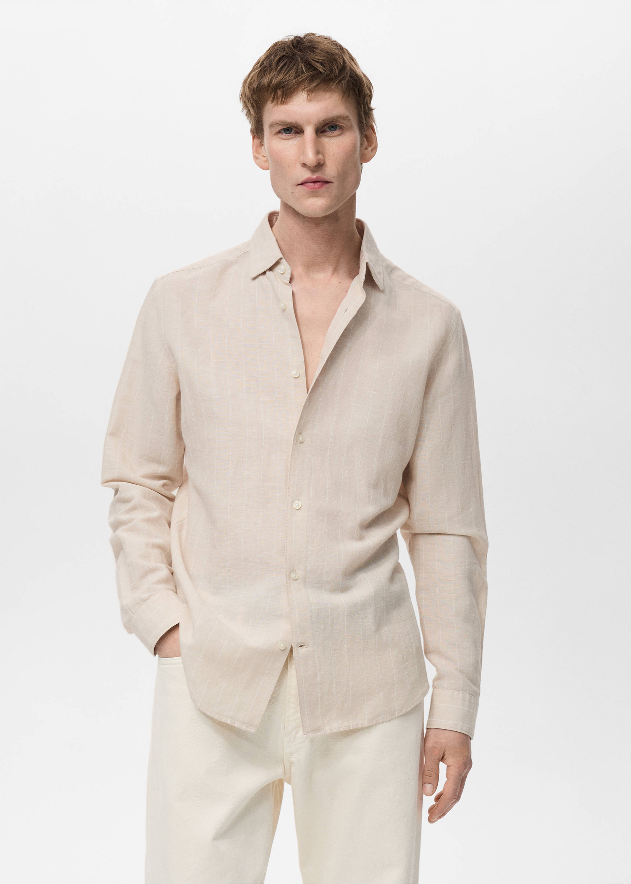 Linen pinstripe shirt - Medium plane, Beige. Ref: 87045951-00.