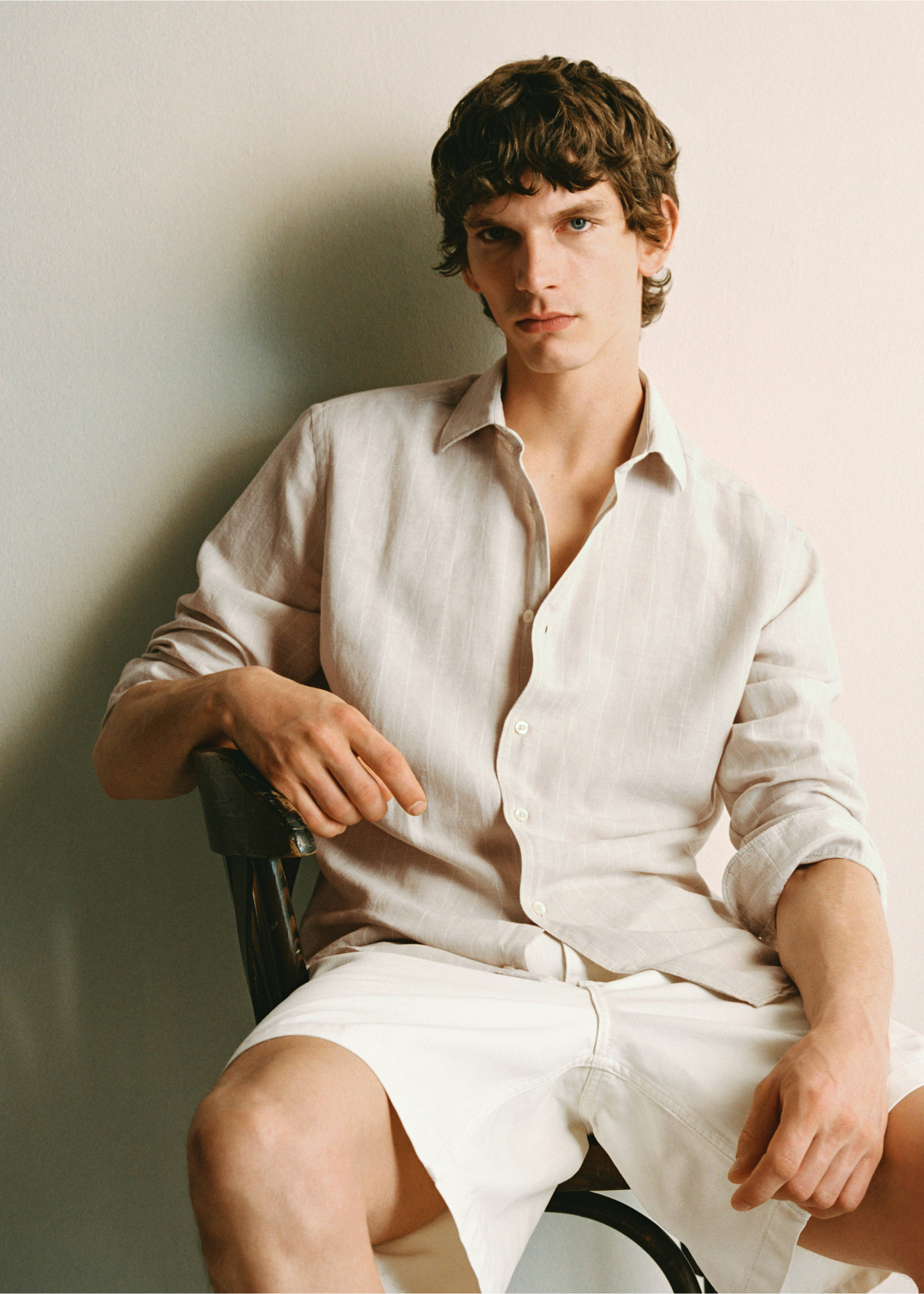 Linen pinstripe shirt - Details of the article 5, Beige. Ref: 87045951-00.