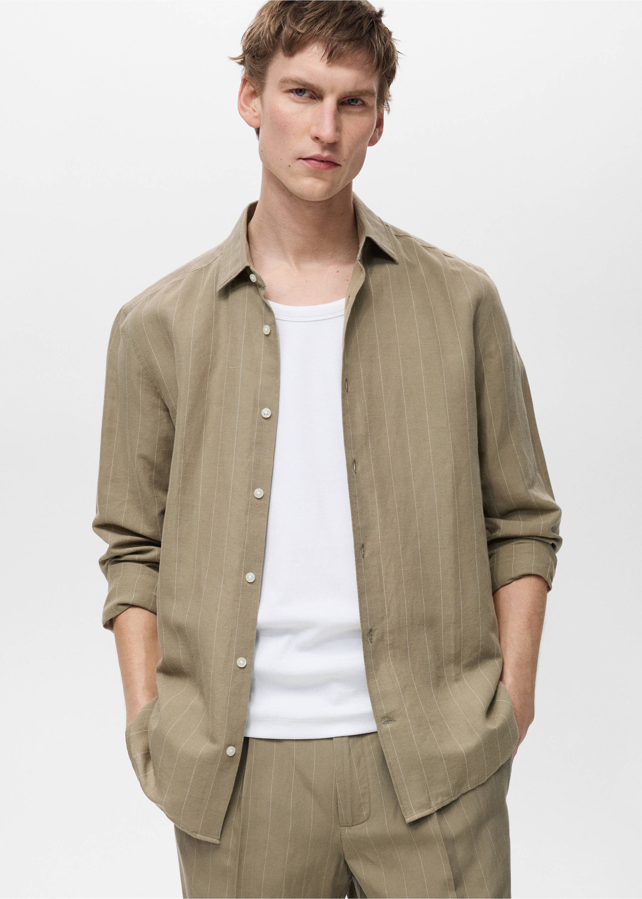 Linen pinstripe shirt - Medium plane, Khaki. Ref: 87045951-00.