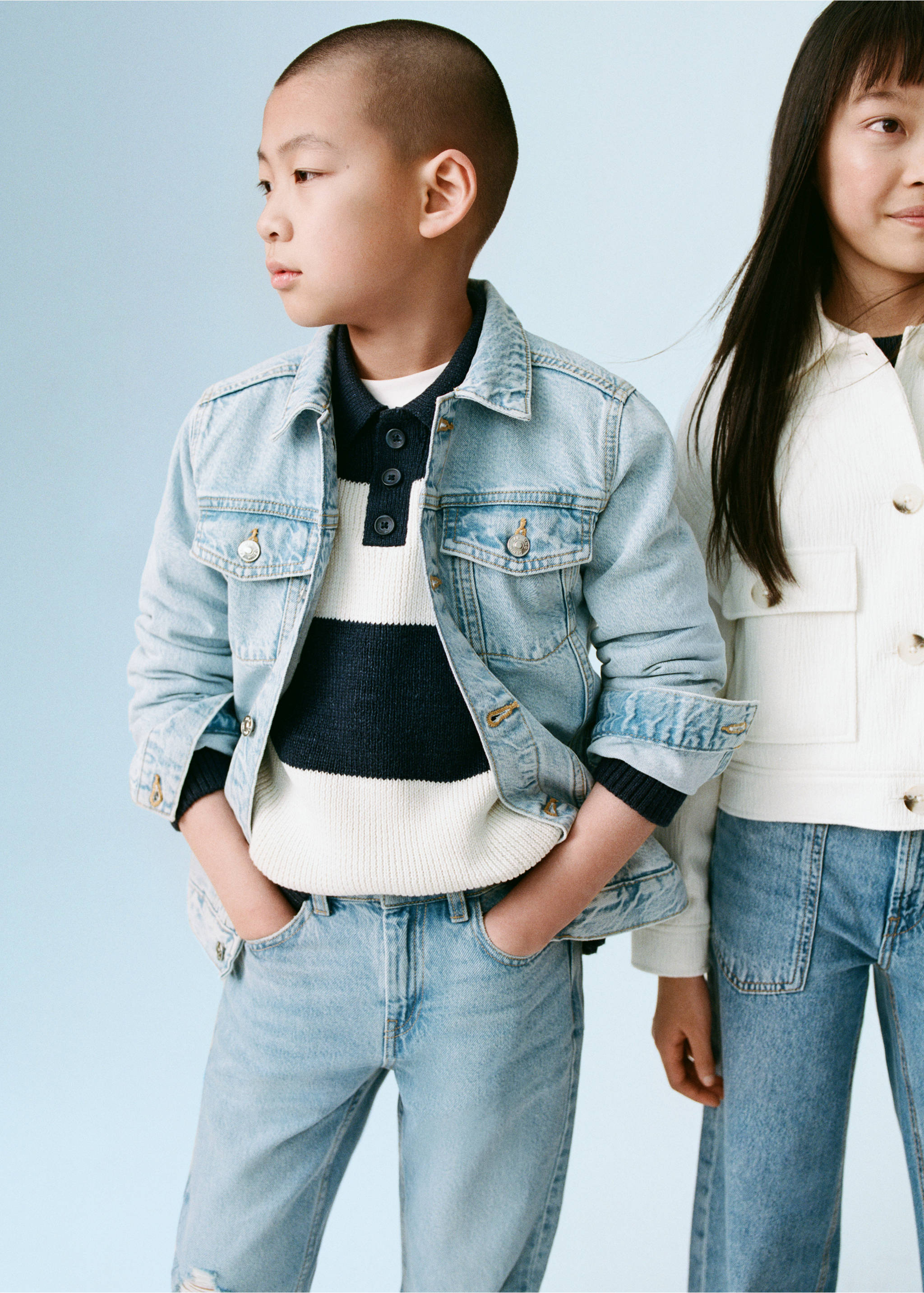 Light blue denim jacket worn with a striped knit polo and jeans., Light Blue. Ref: 87045952-00.