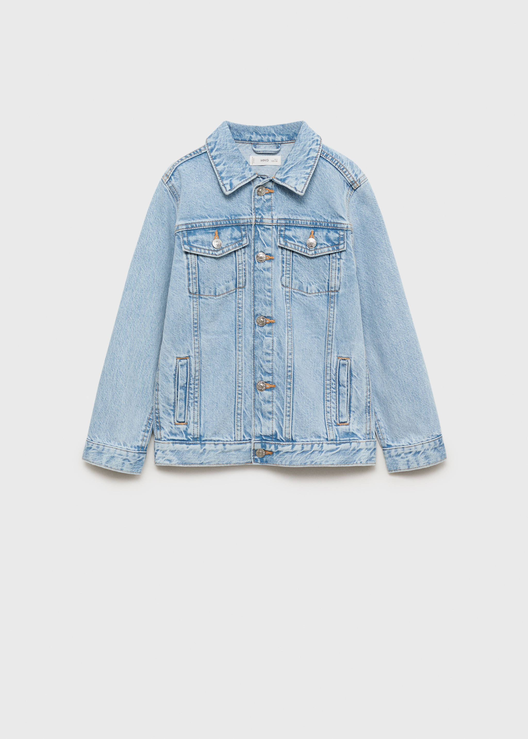 Light blue denim jacket with classic collar, metallic buttons, and chest pockets.