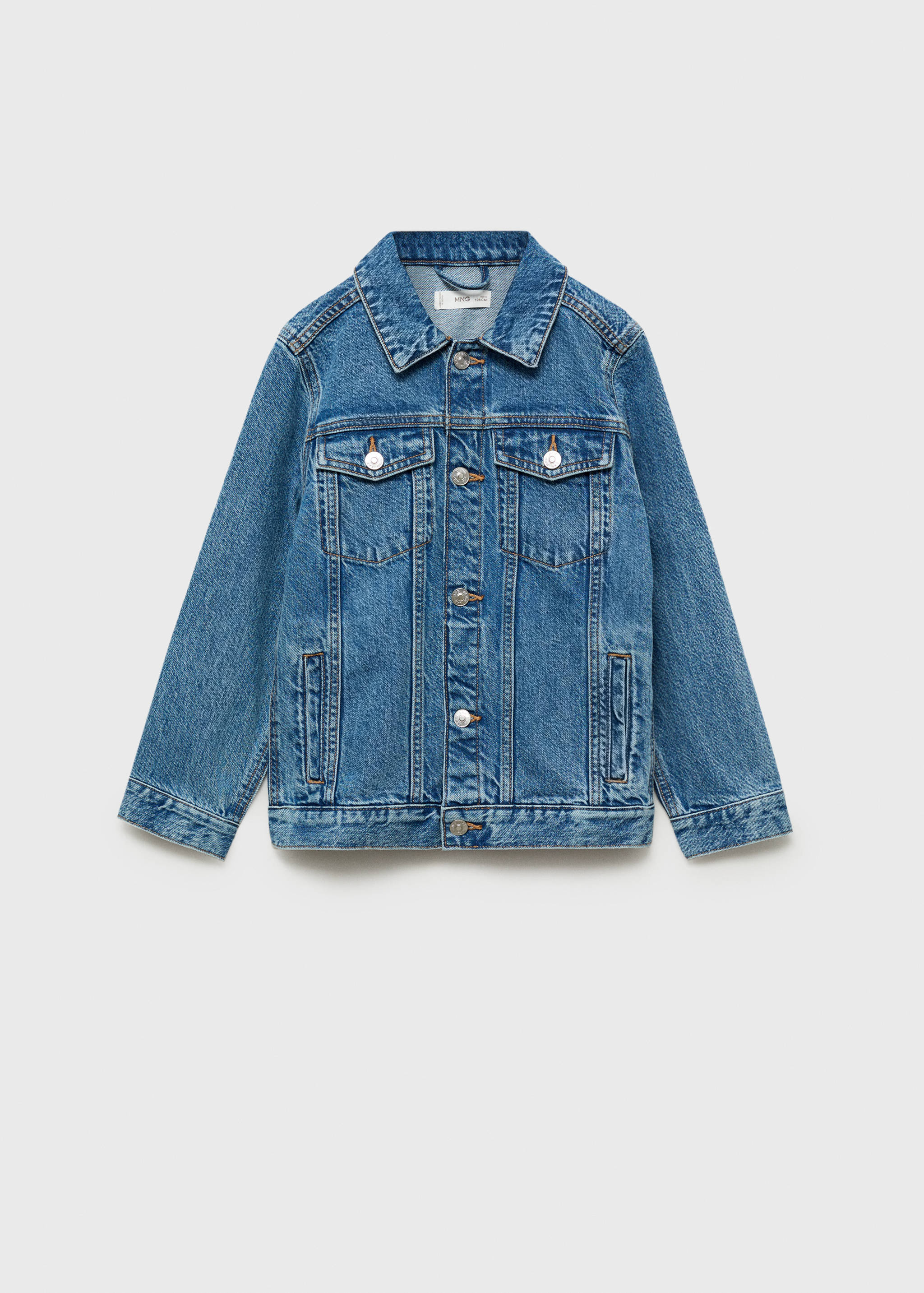 Blue denim jacket with a classic collar and button fastening.