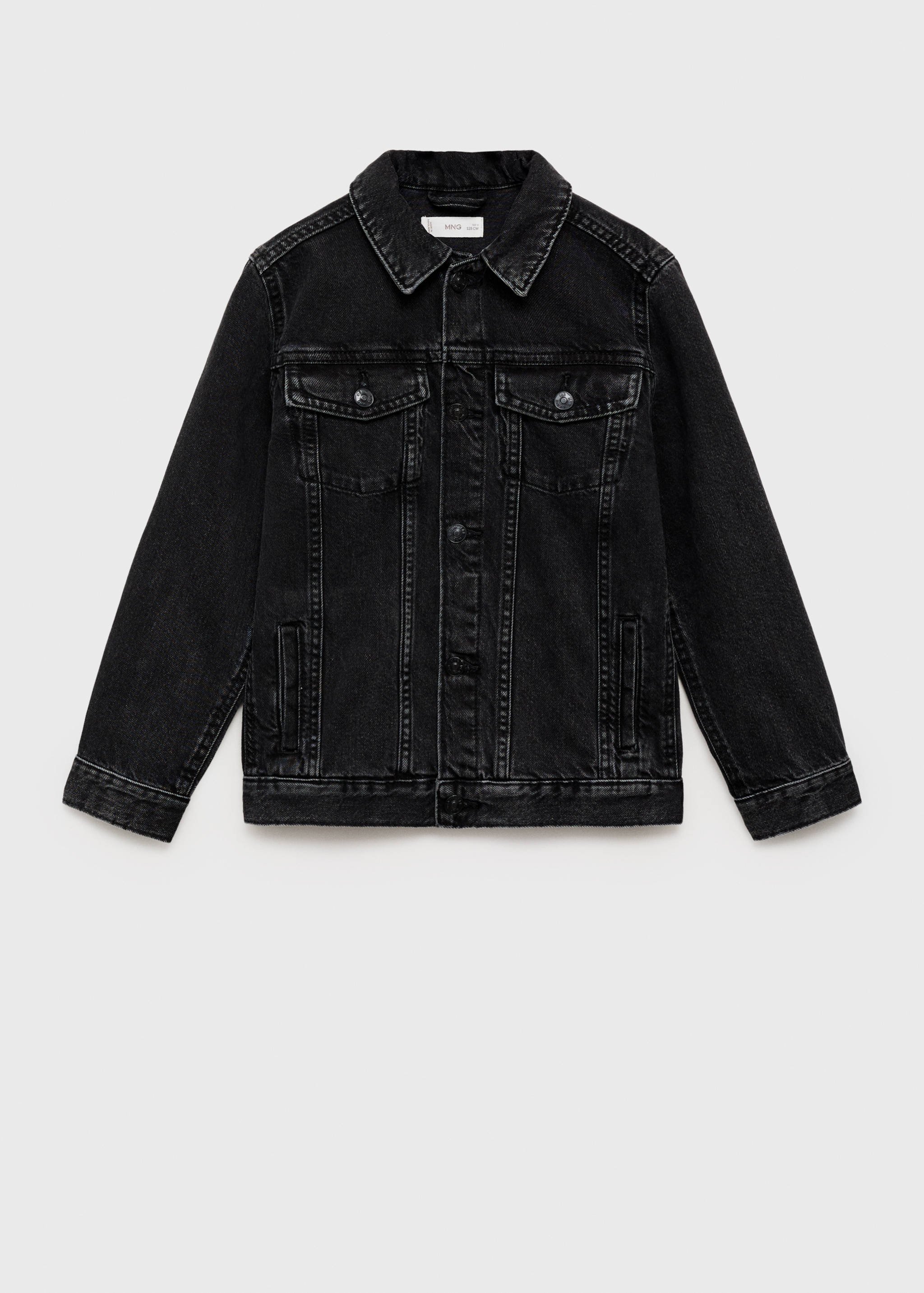 Black denim jacket with chest pockets and front button fastening.