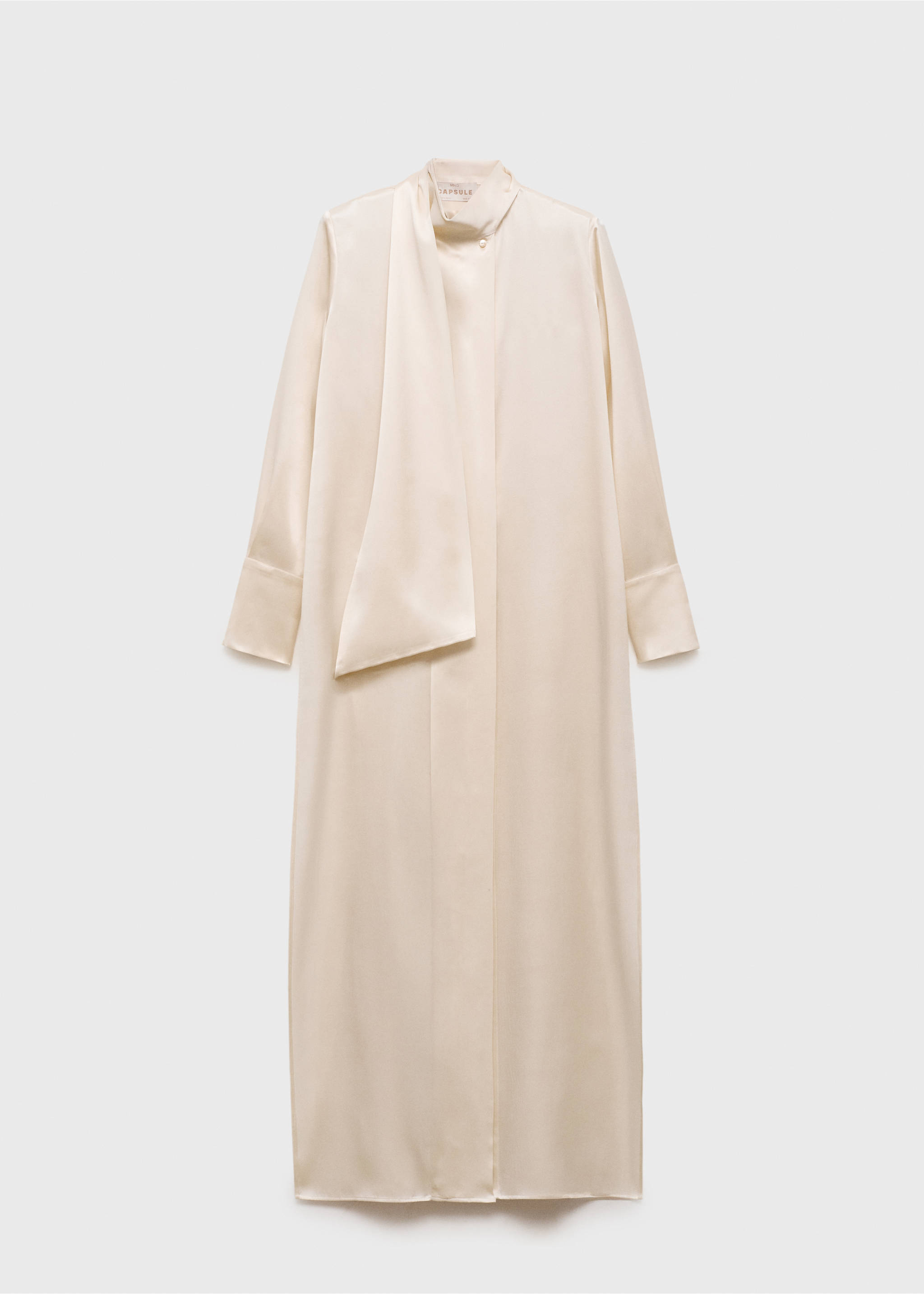 Cream long satin shirt dress with a high collar and neck tie., Ecru. Ref: 87045969-00.