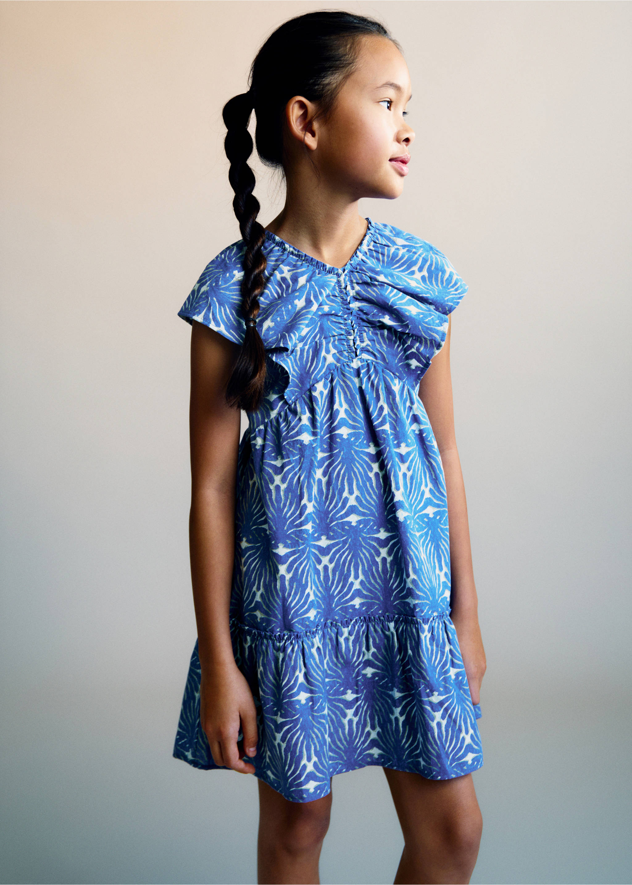 Robe imprimée manche volant - Plan moyen, Bleu. Ref: 87045990-00.