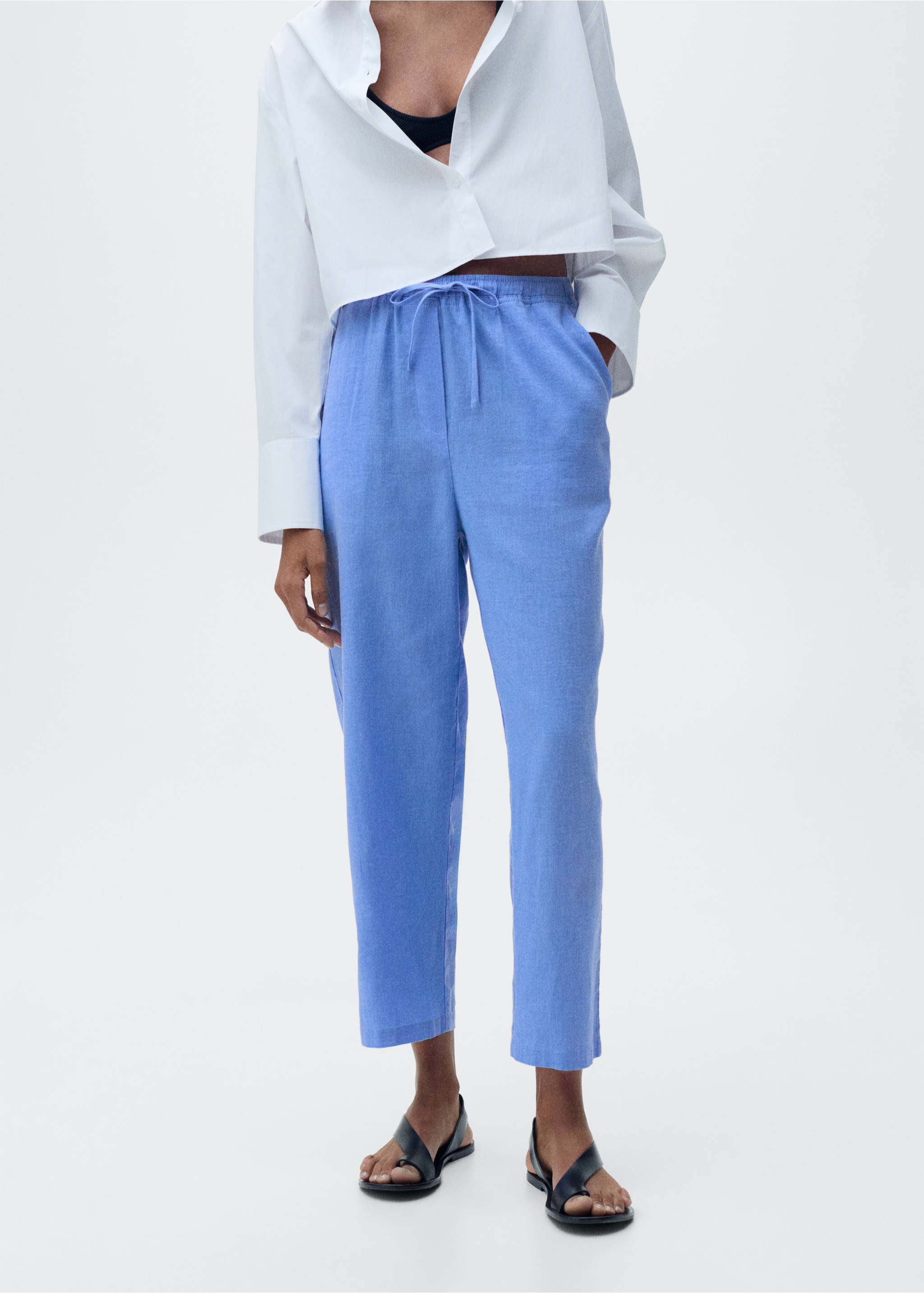 Straight linen-blend trousers - Medium plane, Blue. Ref: 87046342-00.