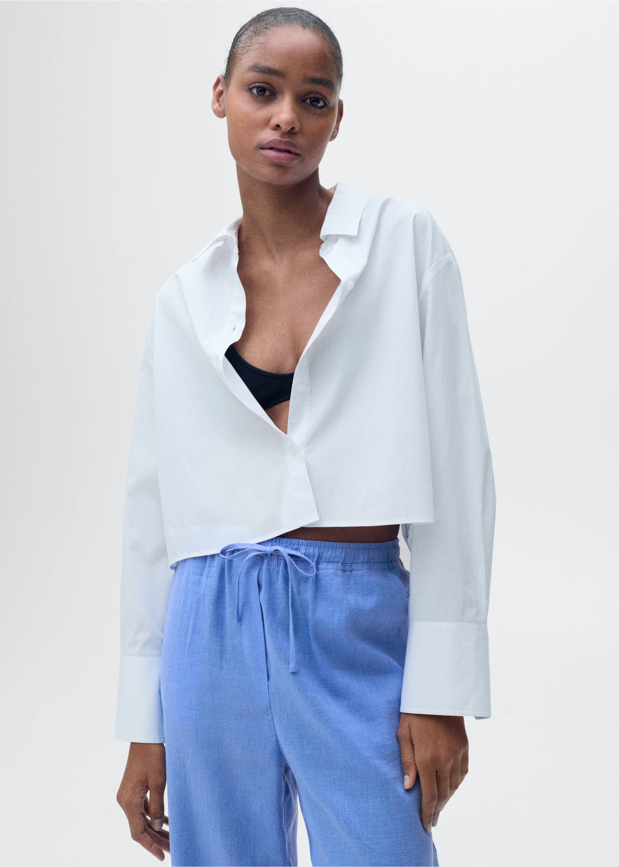 Straight linen-blend trousers - Details of the article 1, Blue. Ref: 87046342-00.