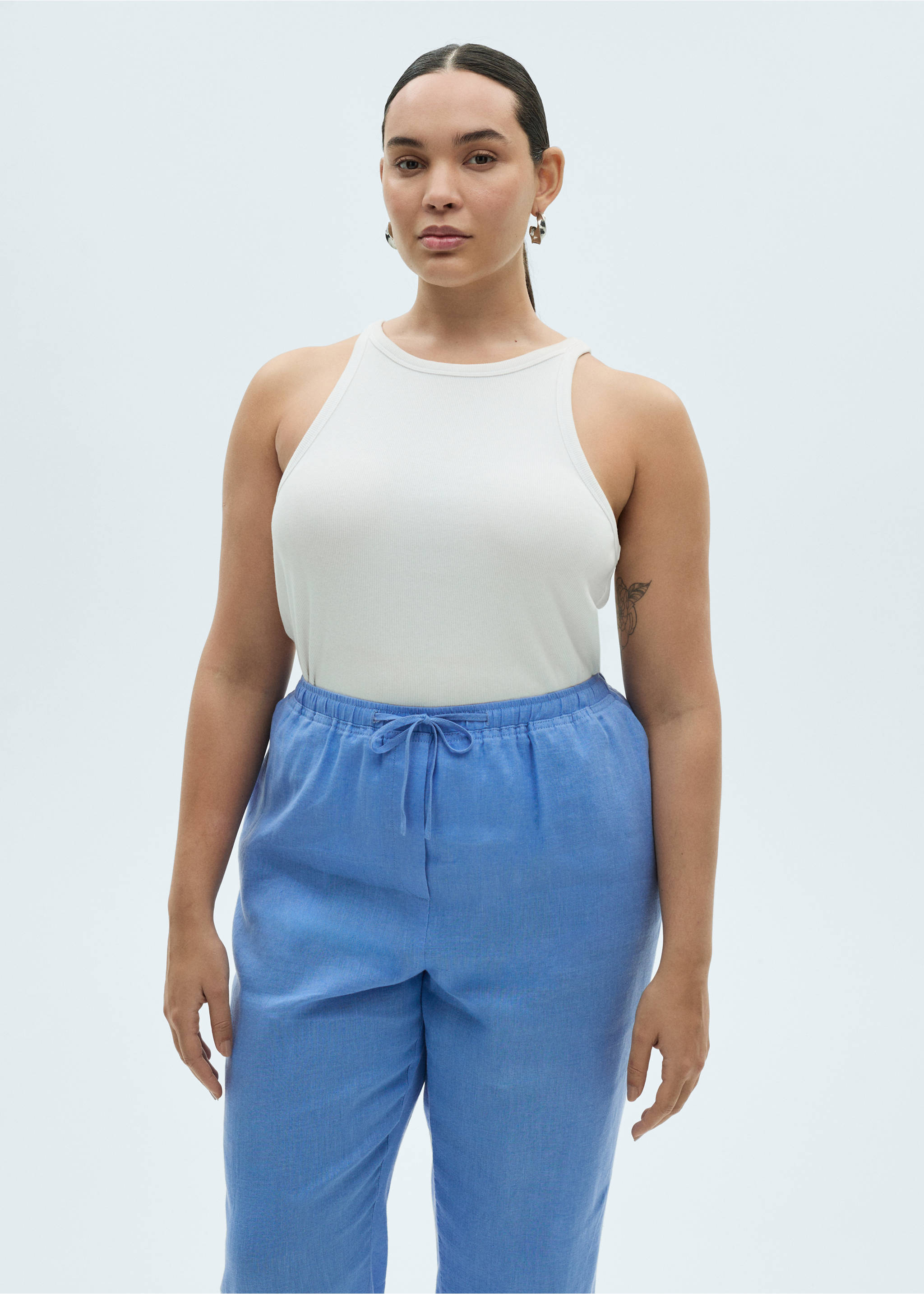 Straight linen-blend trousers - Details of the article 5, Blue. Ref: 87046342-00.