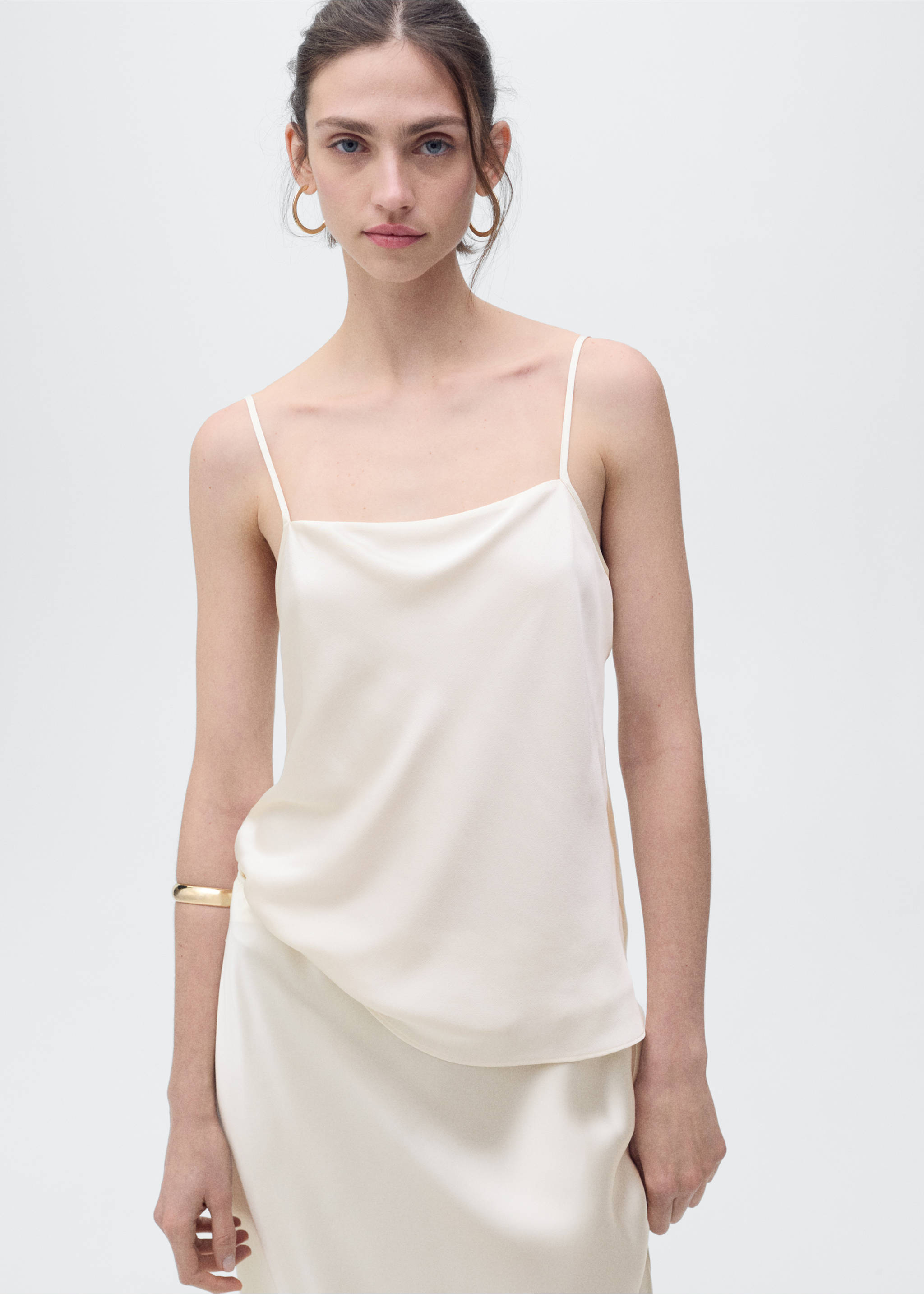 Satin top with draped neckline - Medium plane, Ecru. Ref: 87046712-00.