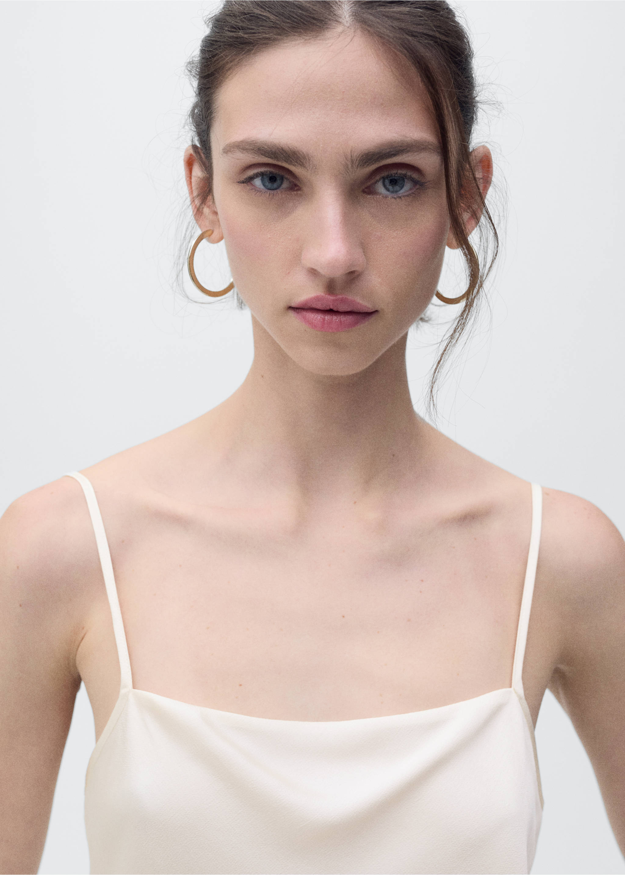 Satin top with draped neckline - Details of the article 1, Ecru. Ref: 87046712-00.