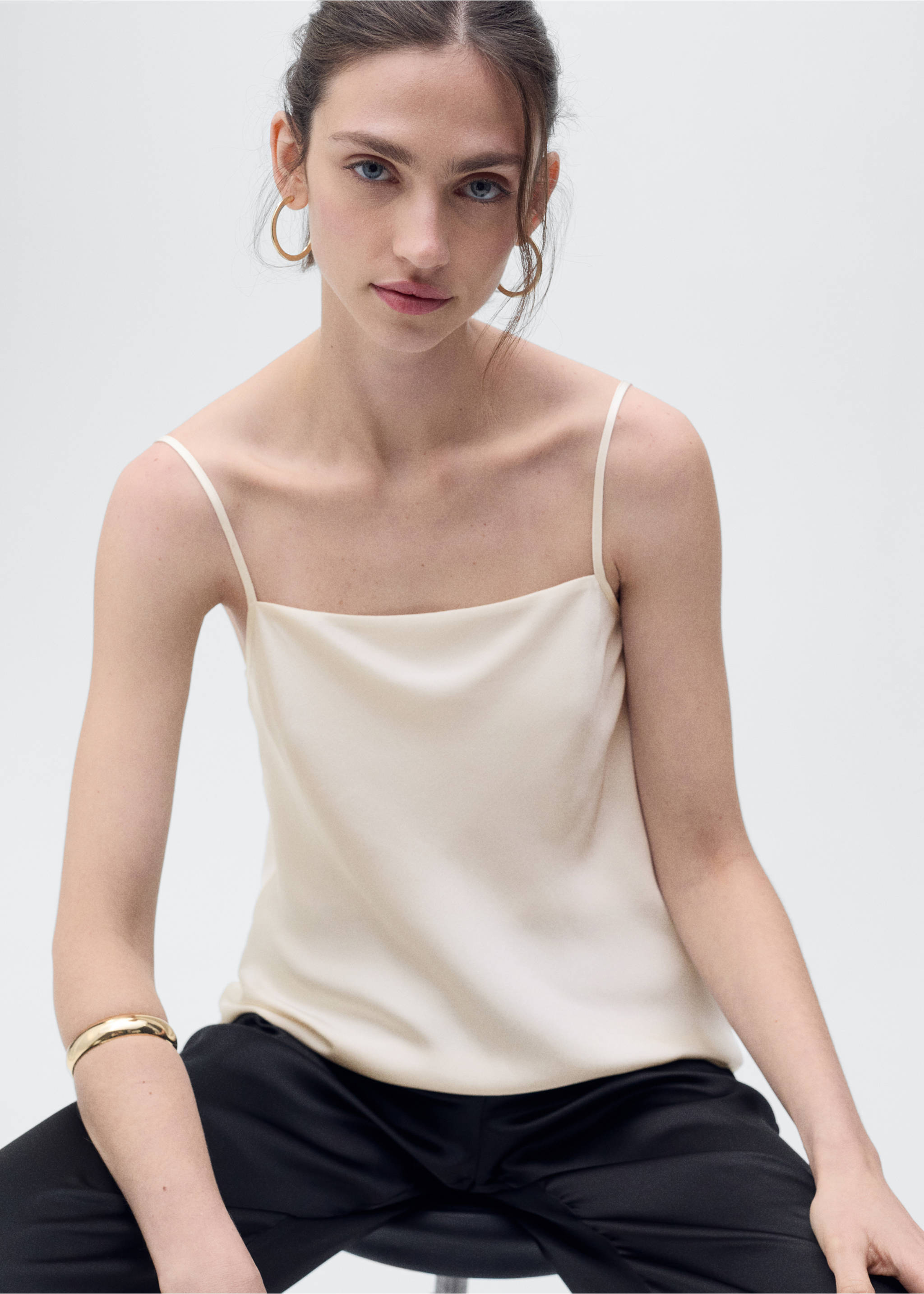 Satin top with draped neckline - Details of the article 3, Ecru. Ref: 87046712-00.