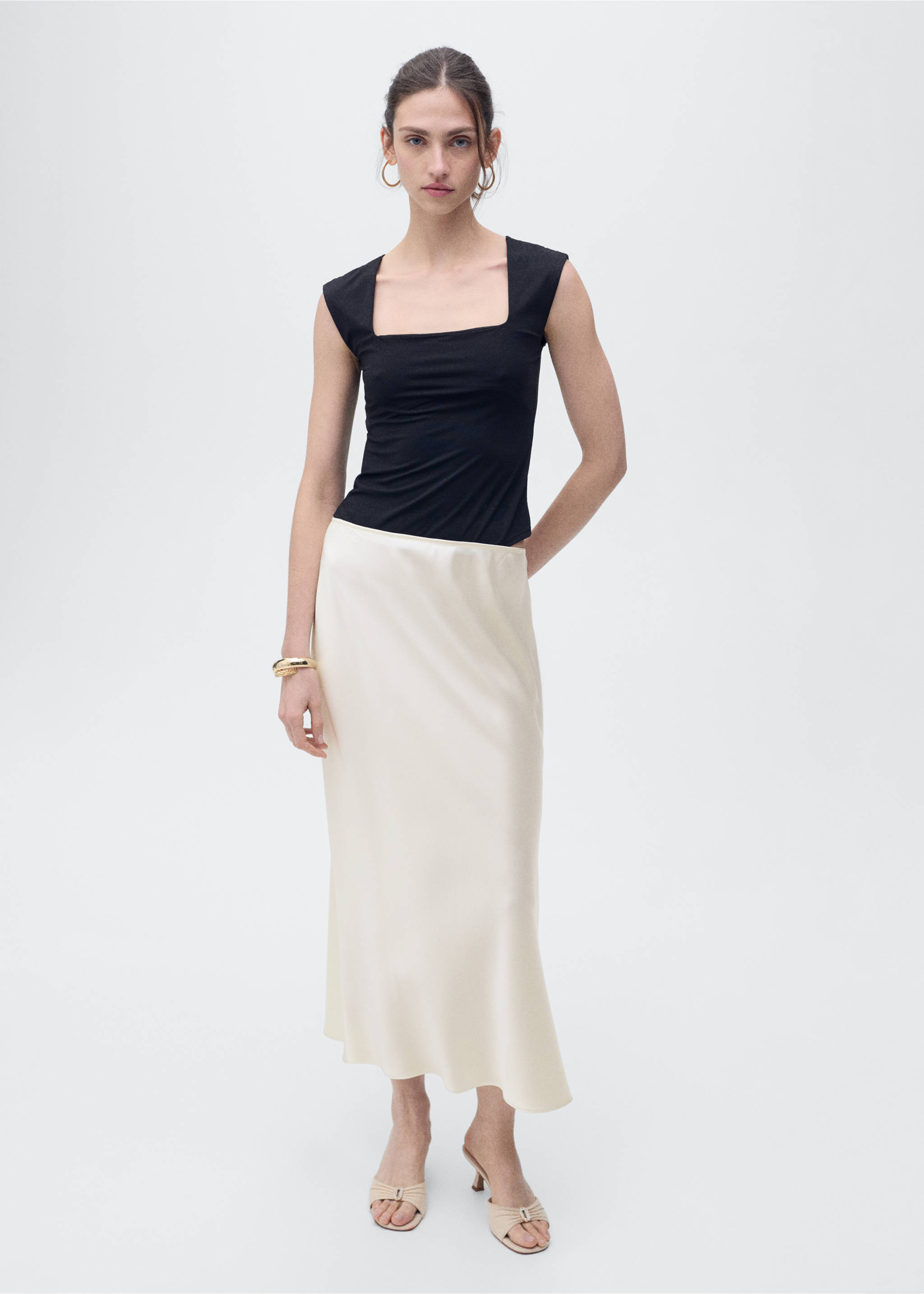 Satin top with draped neckline - Details of the article 2, Ecru. Ref: 87046712-00.