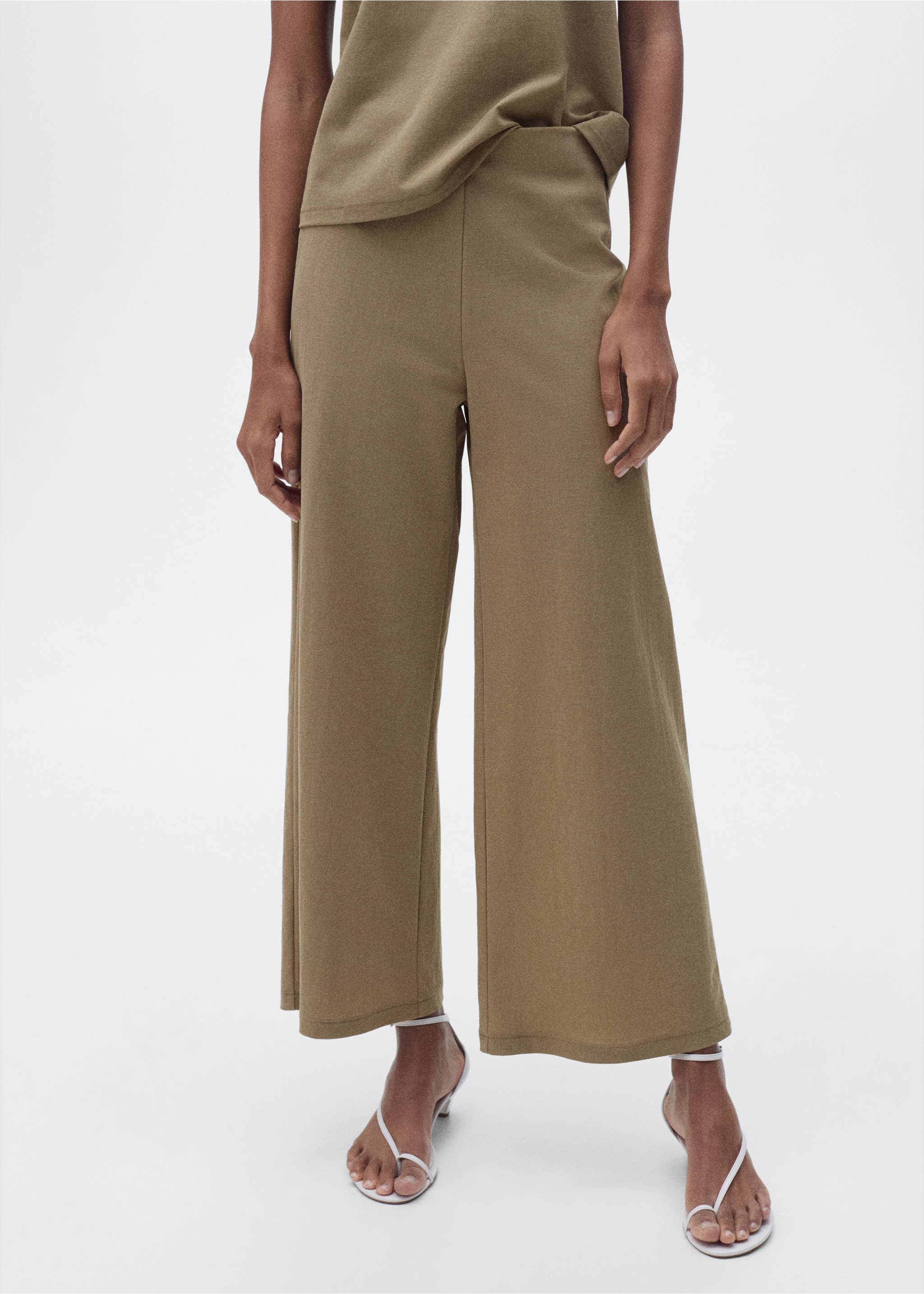 Cropped palazzo trousers - Medium plane, Khaki. Ref: 87047178-00.