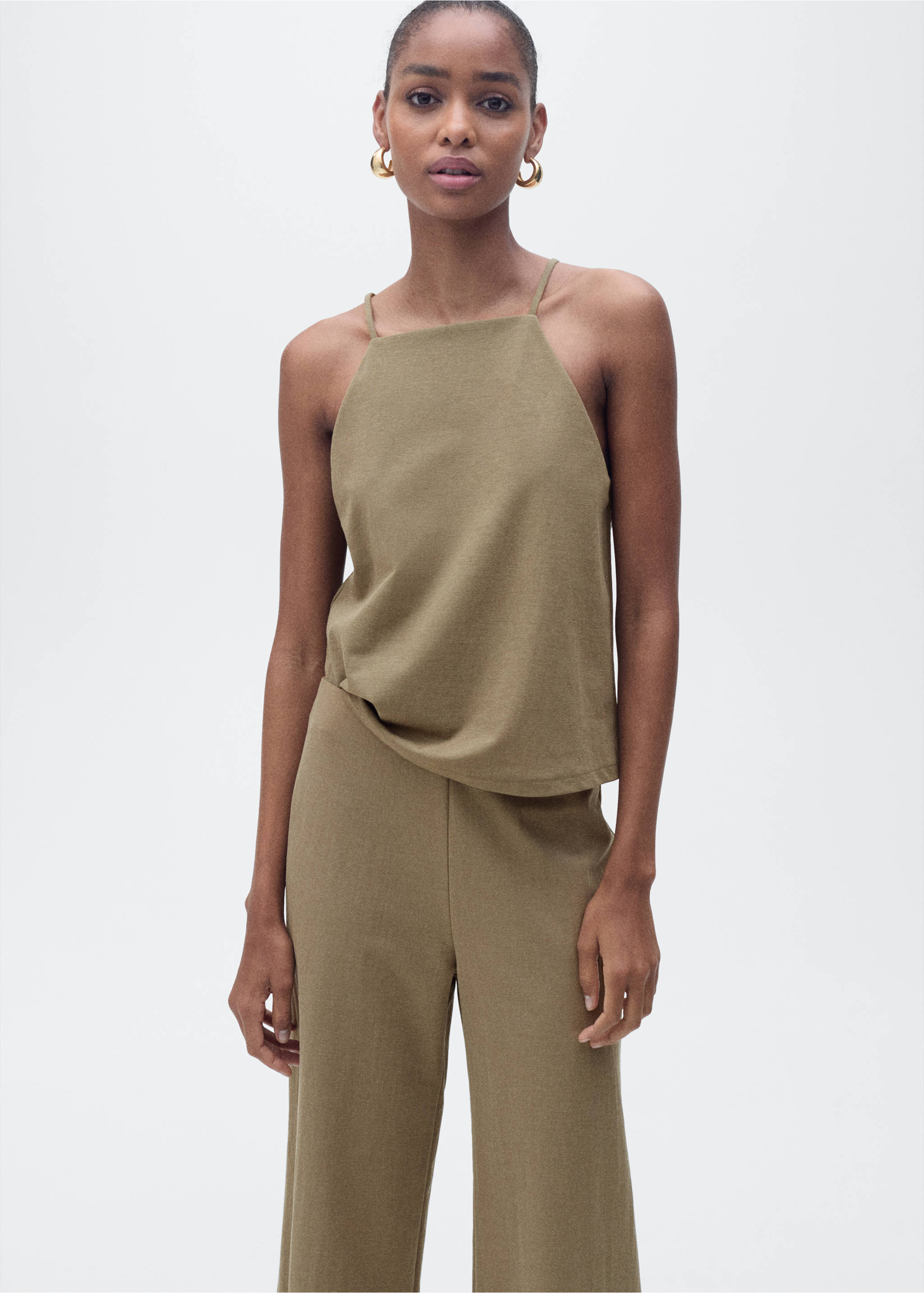 Cropped palazzo trousers - Details of the article 1, Khaki. Ref: 87047178-00.